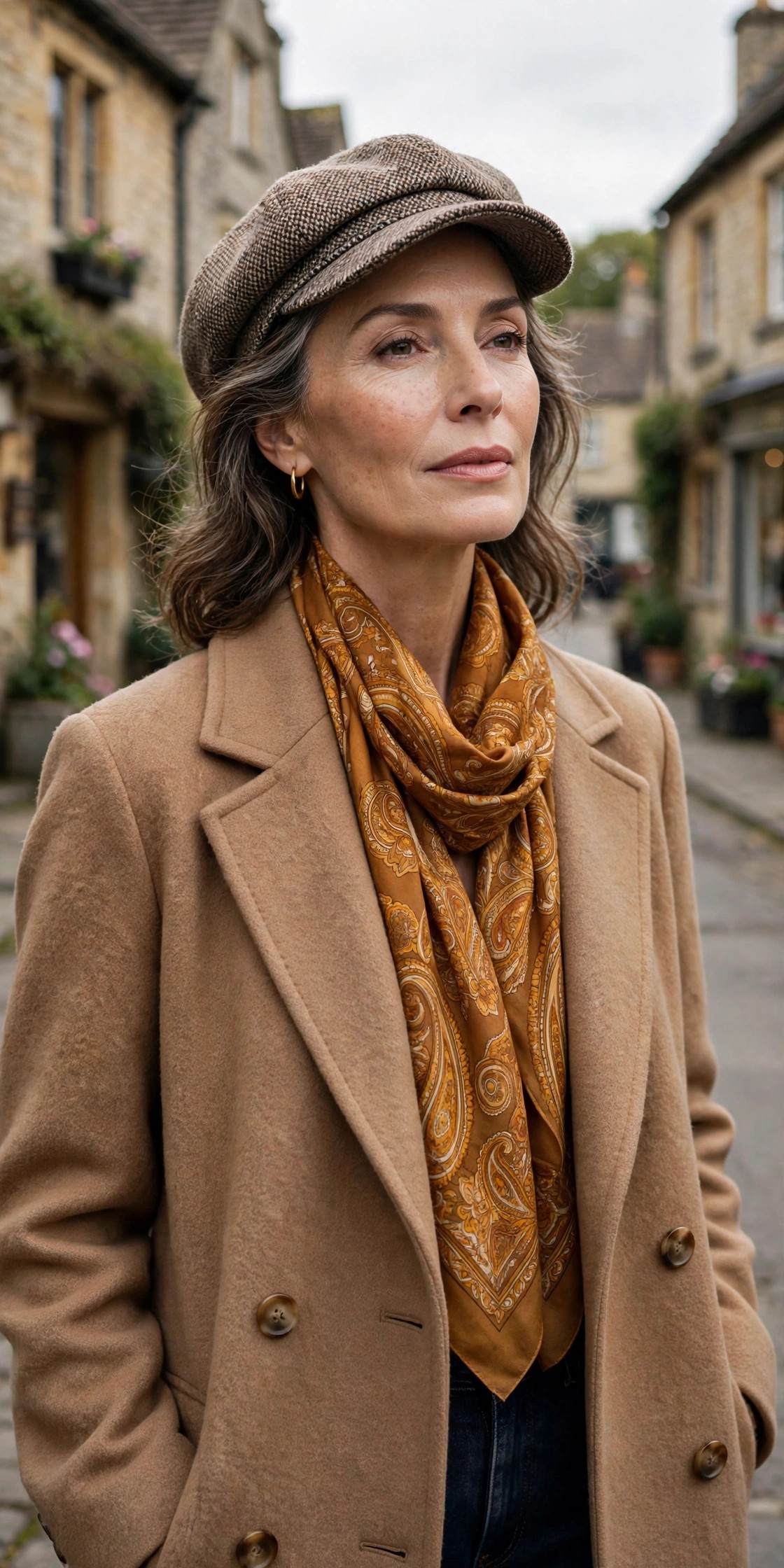 Stylish woman in her 50s in a camel coat with an amber silk scarf and tweed cap