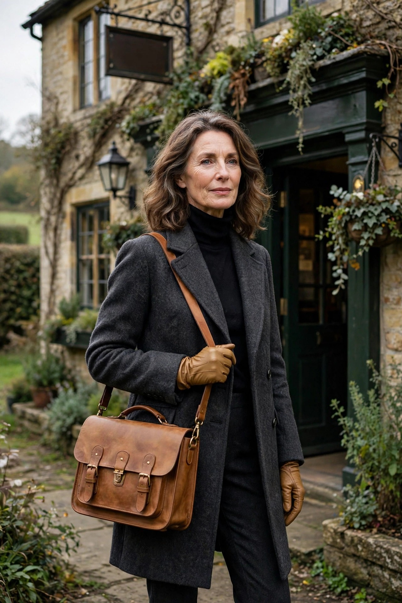 Woman in her 50s in a charcoal wool coat with a tan leather satchel outside a country pub