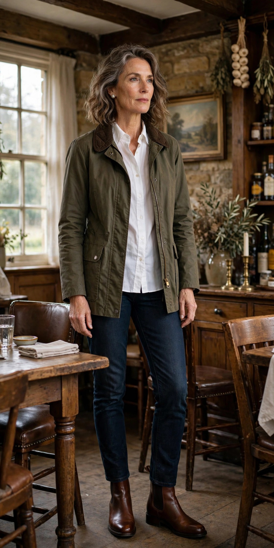 Elegant woman over 50 in a waxed jacket and white shirt with pearl studs in a pub dining room