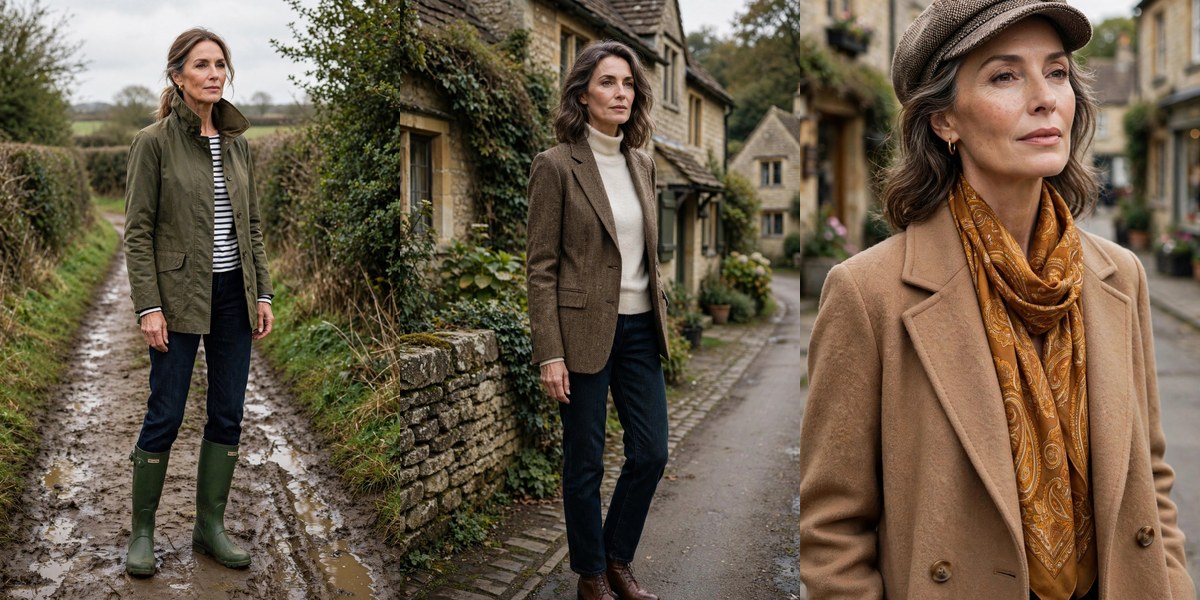 English countryside style over 50: waxed jacket, tweed blazer and camel coat looks