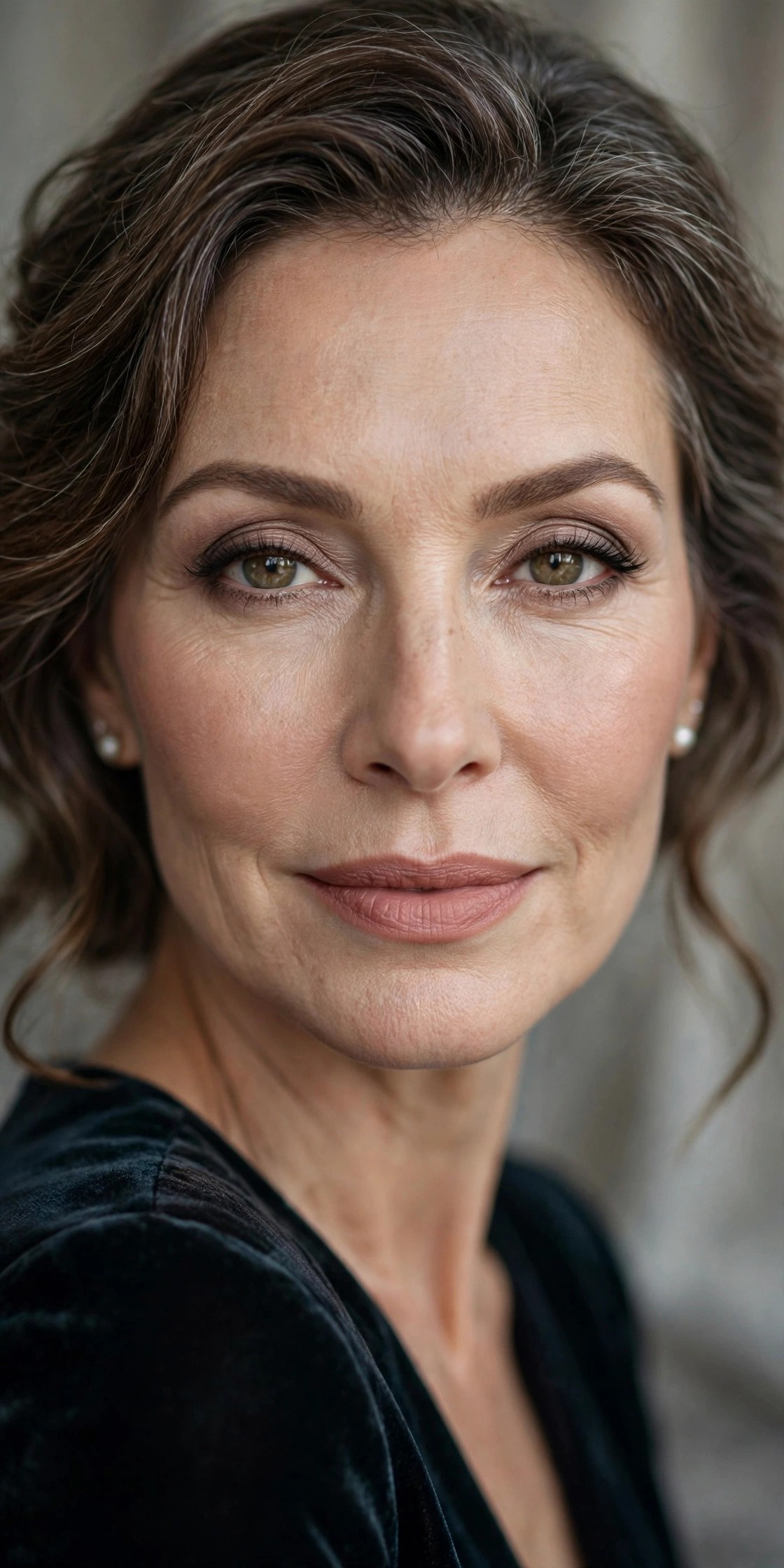 Woman over 50 with velvet-matte evening foundation, smooth refined complexion