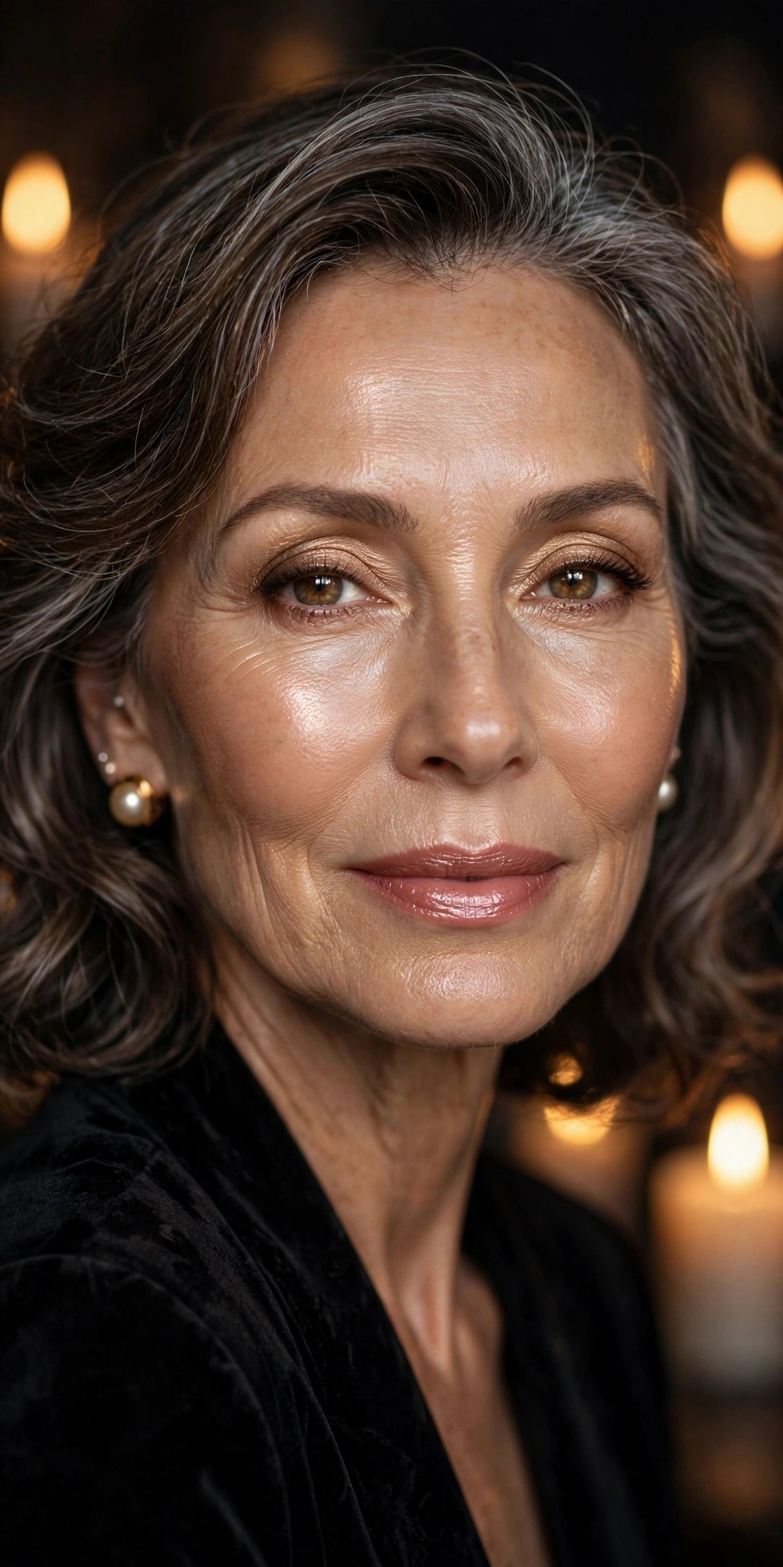 Woman over 50 with radiant glowing evening makeup base, candlelit luminosity