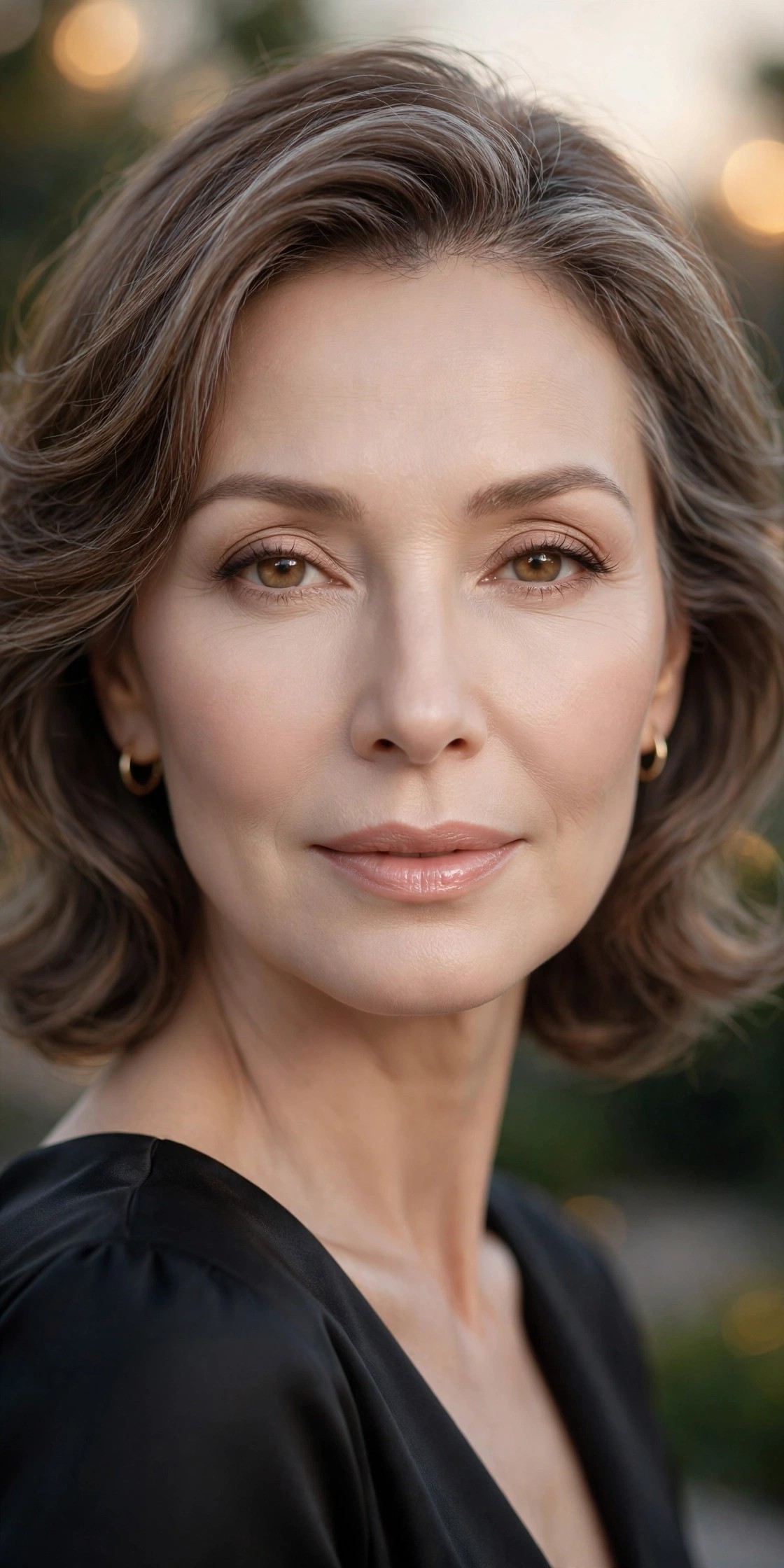 Woman over 50 with soft-focus blurred flawless skin, natural evening makeup