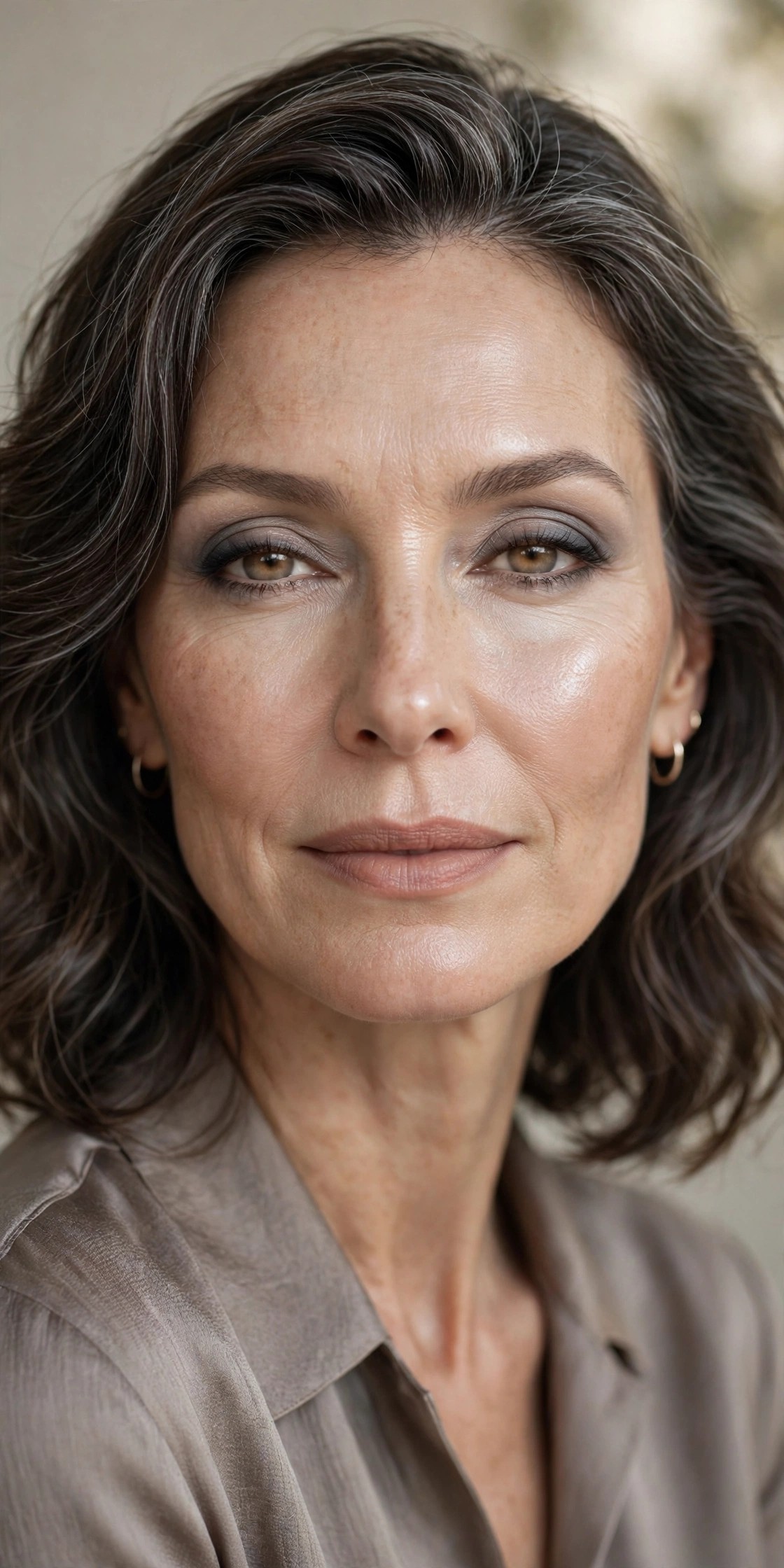 Woman over 50 wearing soft taupe smokey eye makeup with blended edges
