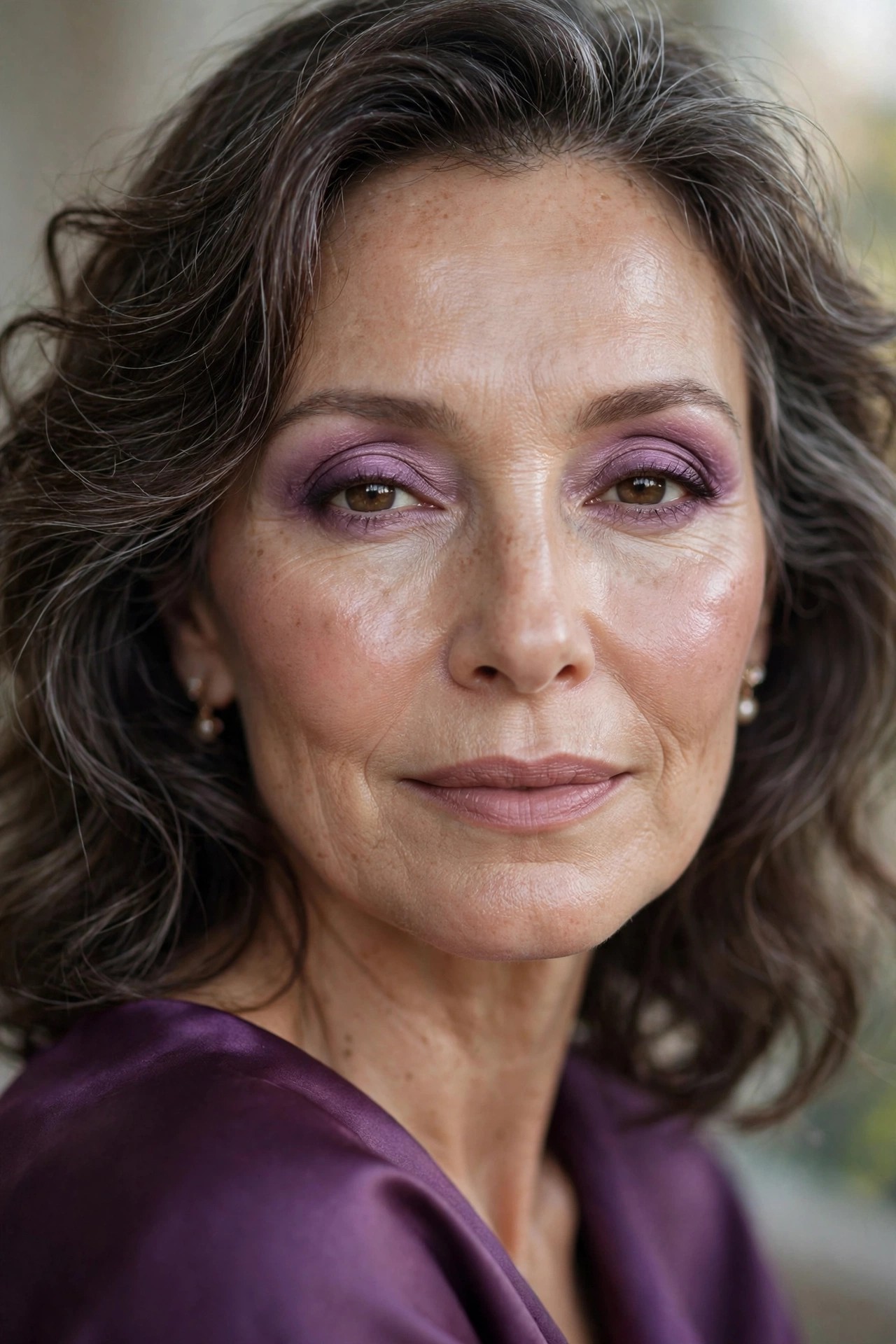 Woman over 50 wearing satin plum eyeshadow, rich softly blended evening eye makeup