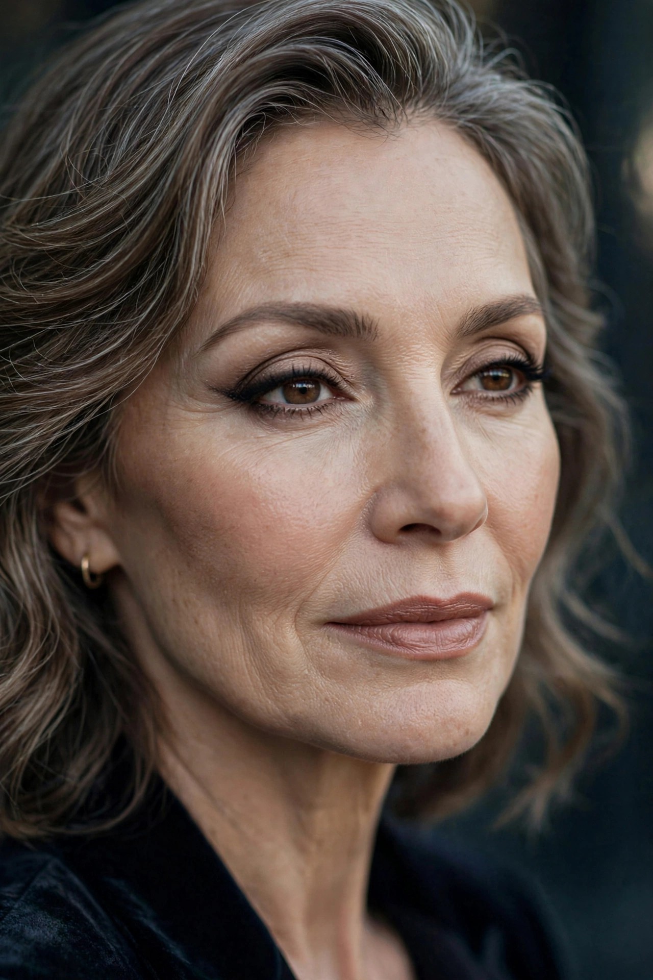 Woman over 50 with softly winged eyeliner, subtle smudged flick at outer corner