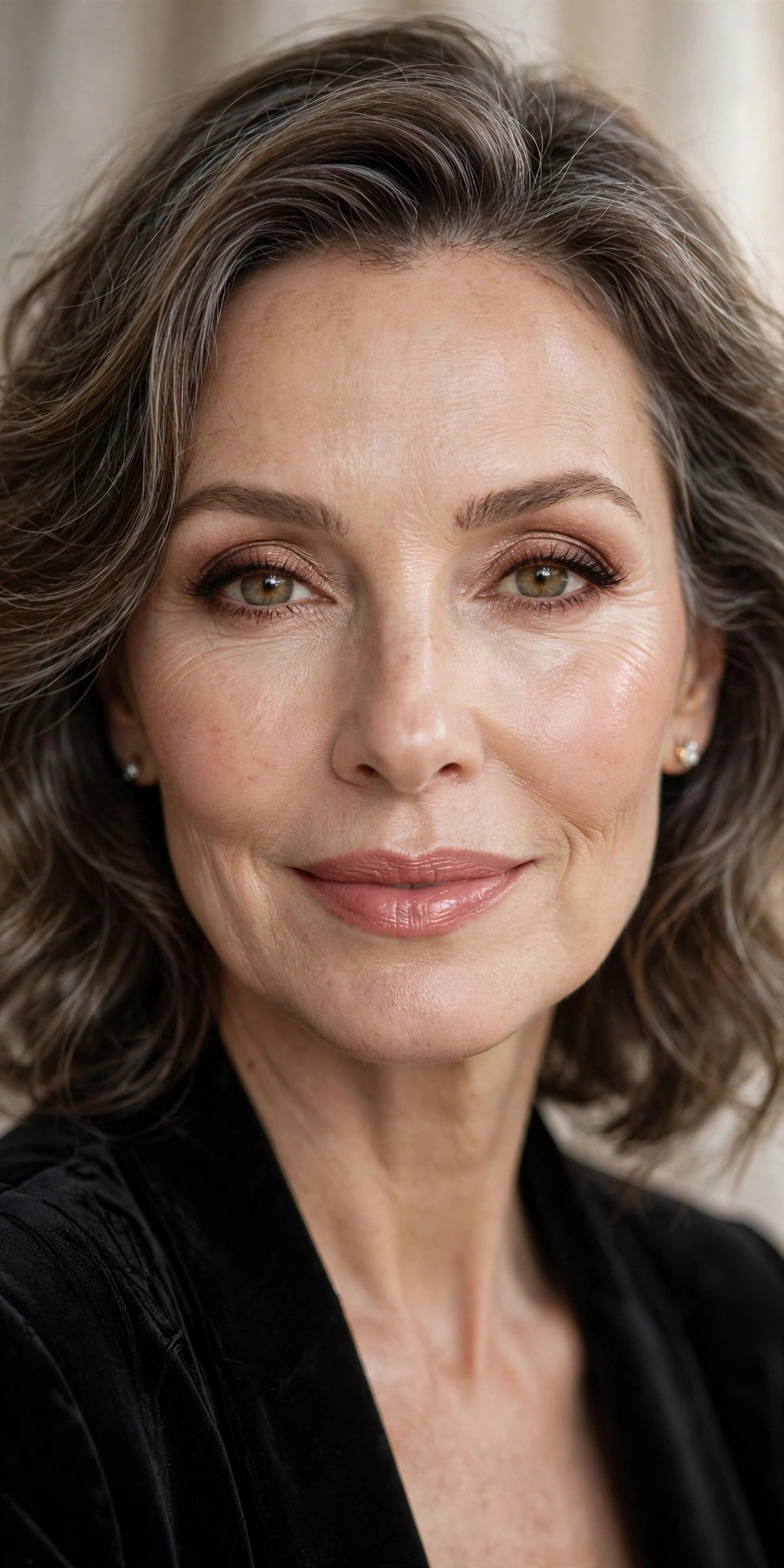 Woman over 50 wearing satin nude-rose lipstick, understated evening makeup