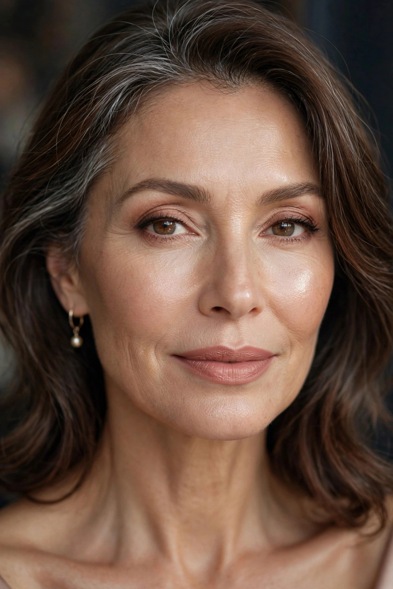 Woman over 50 with peach cream blush on cheeks, warm dimensional cheek color