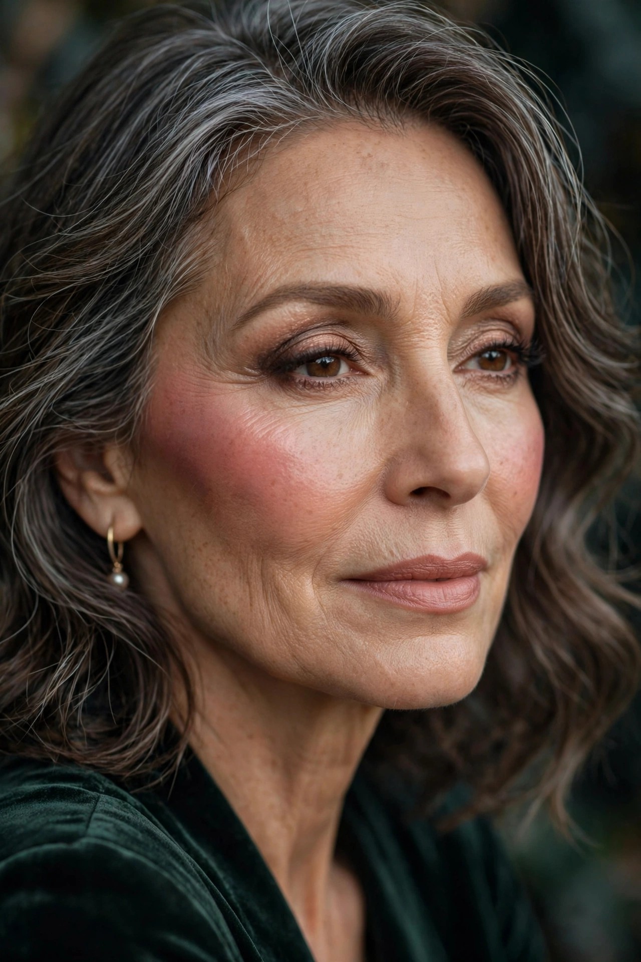 Woman over 50 with beautifully layered dimensional blush on cheeks