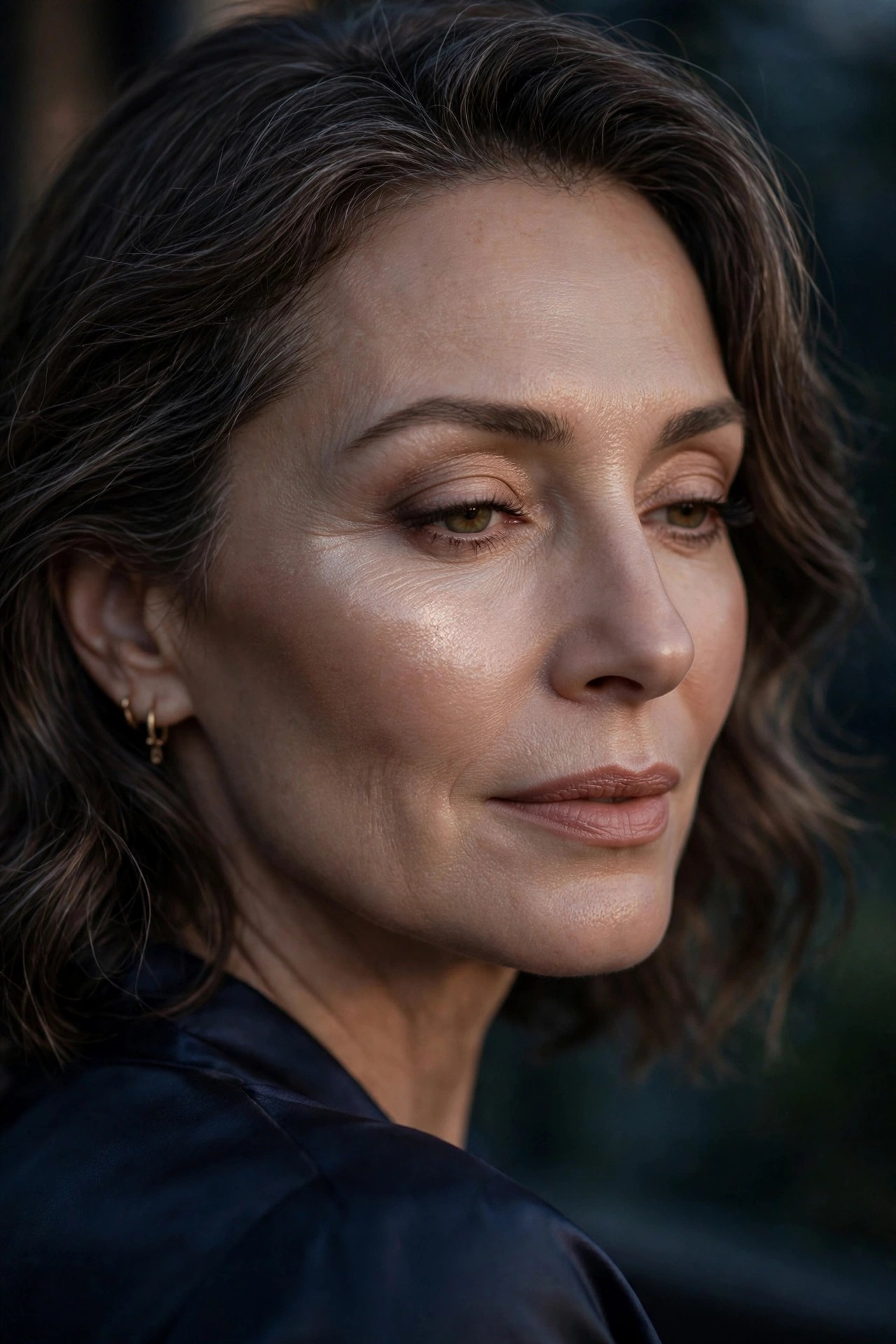 Woman over 50 with subtle satin highlighter on cheekbones catching low light