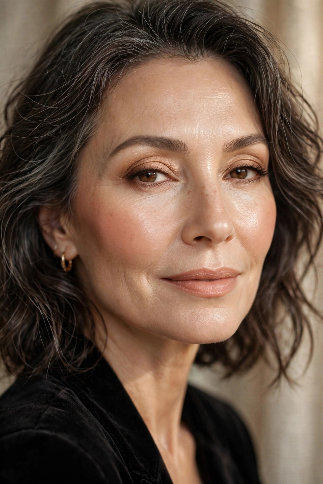 Woman over 50 with flawless finished soft glam evening makeup, polished look
