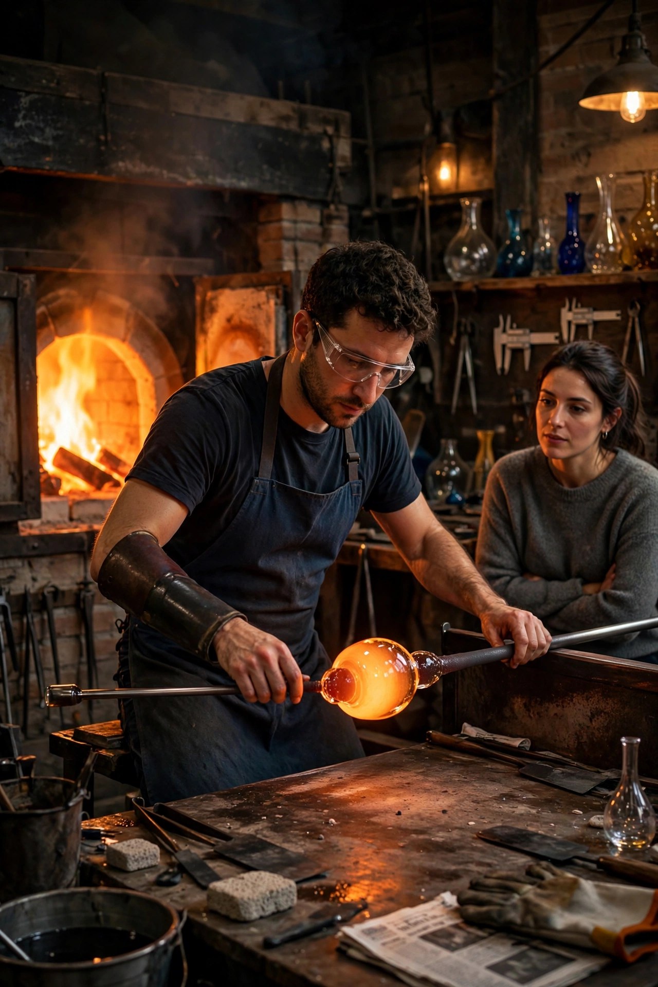 Woman watching glassblowing with glowing molten glass, creative experience gift over 60