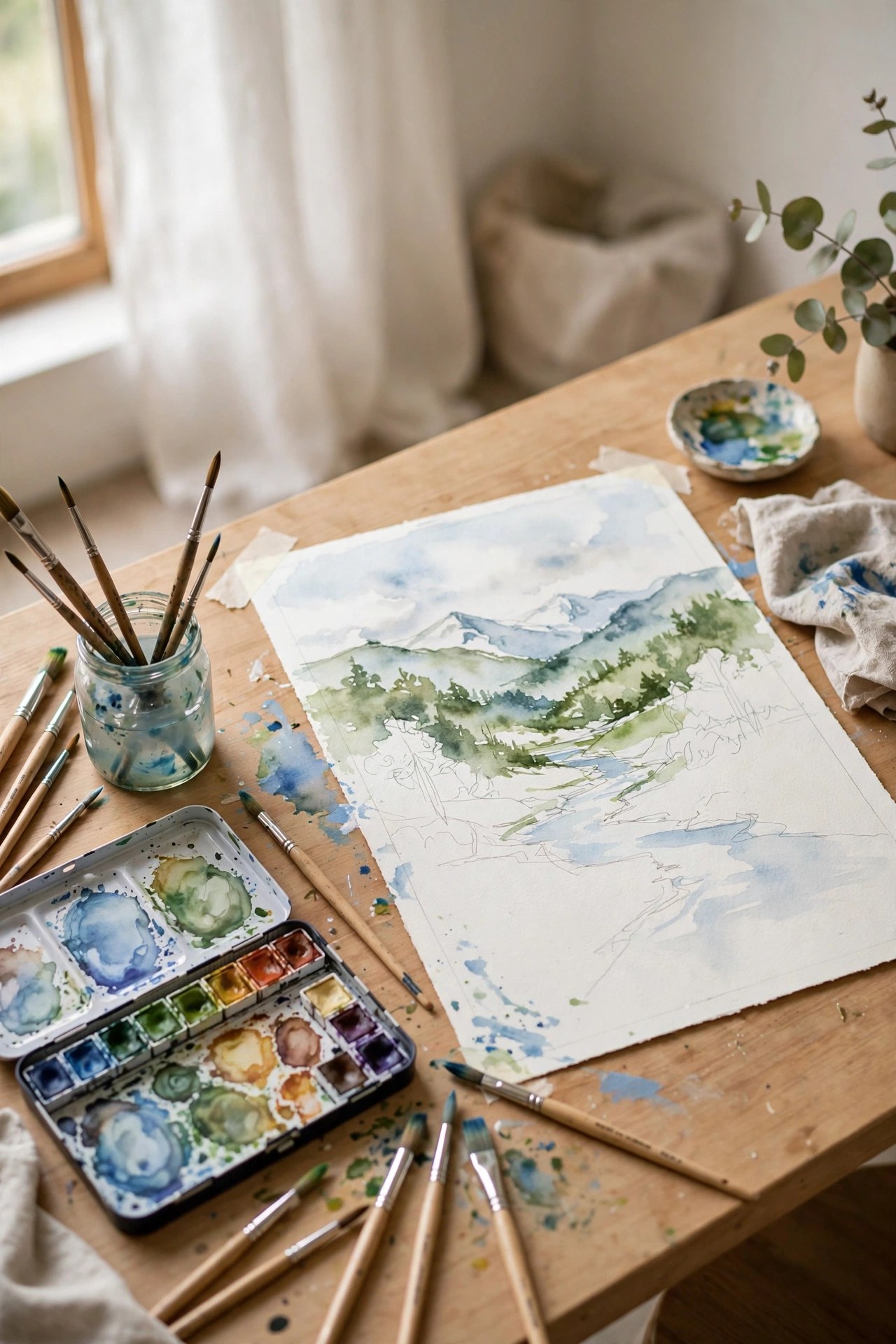 Watercolor painting supplies with a half finished landscape painting, workshop gift