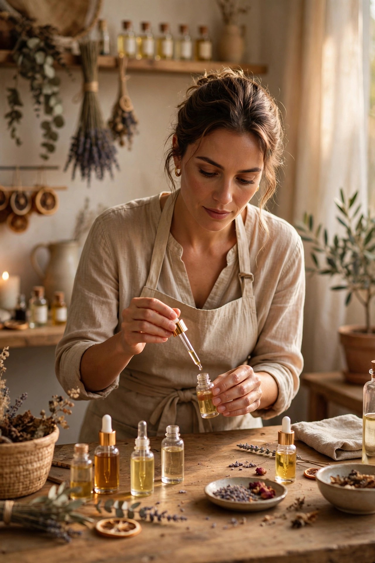 Woman blending perfume oils at a fragrance workshop, sensory experience gift