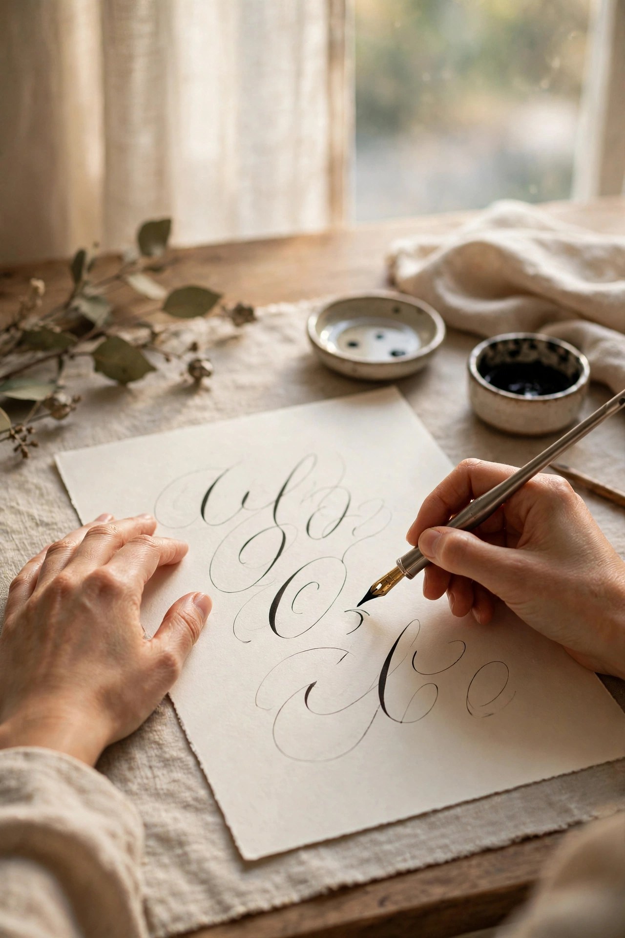 Hands practicing calligraphy with ink and nib on paper, elegant workshop gift