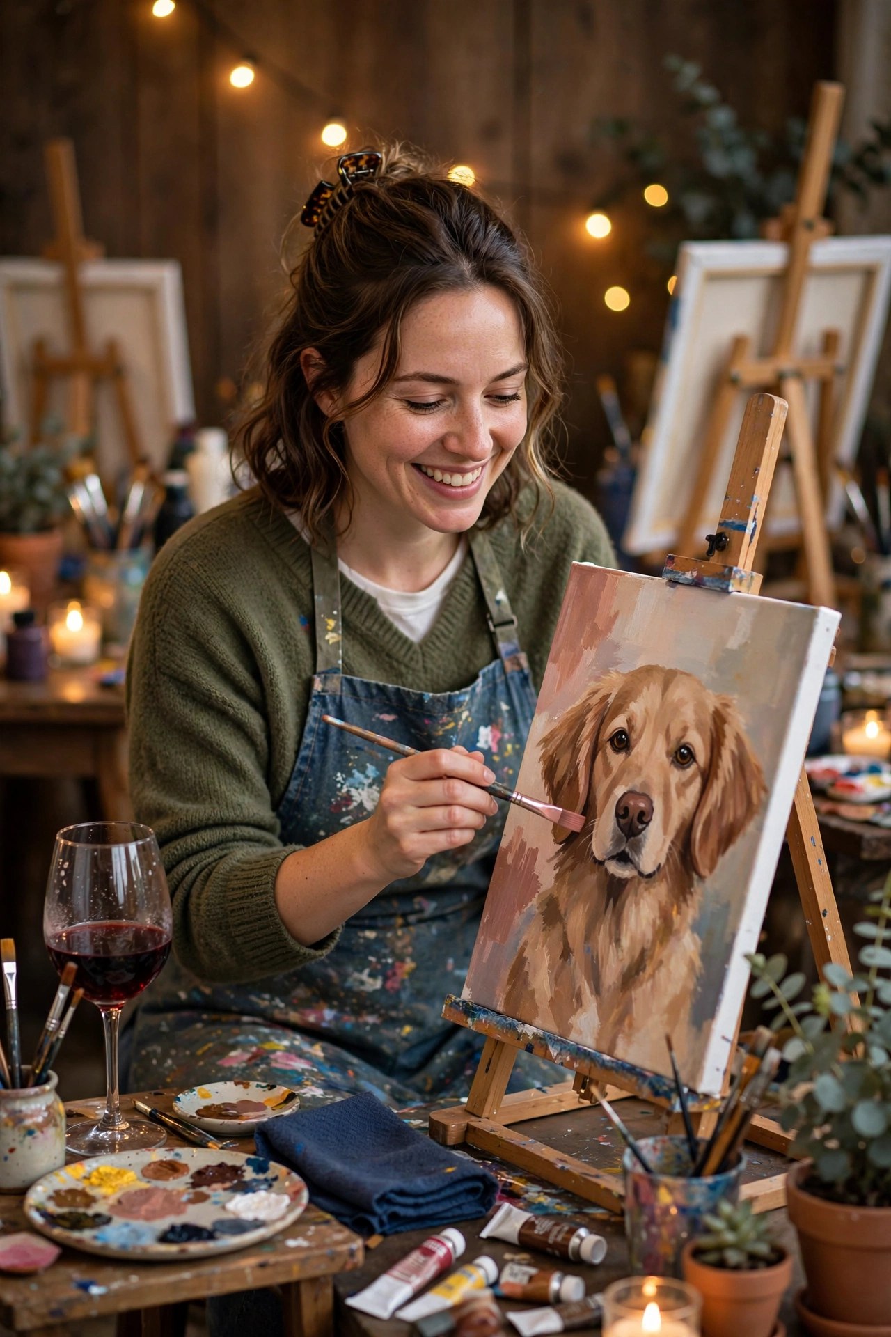 Woman painting a portrait of her dog at a paint night, joyful creative experience gift