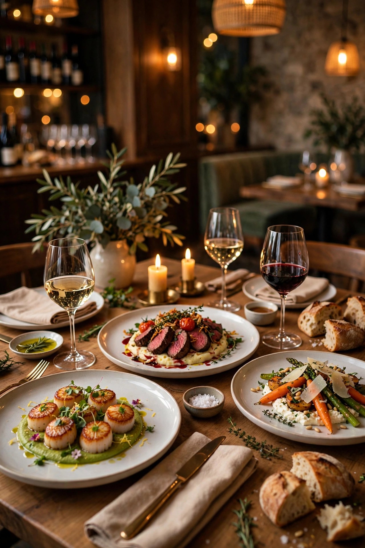 Elegant chefs table dinner with plated gourmet dishes, foodie experience gift