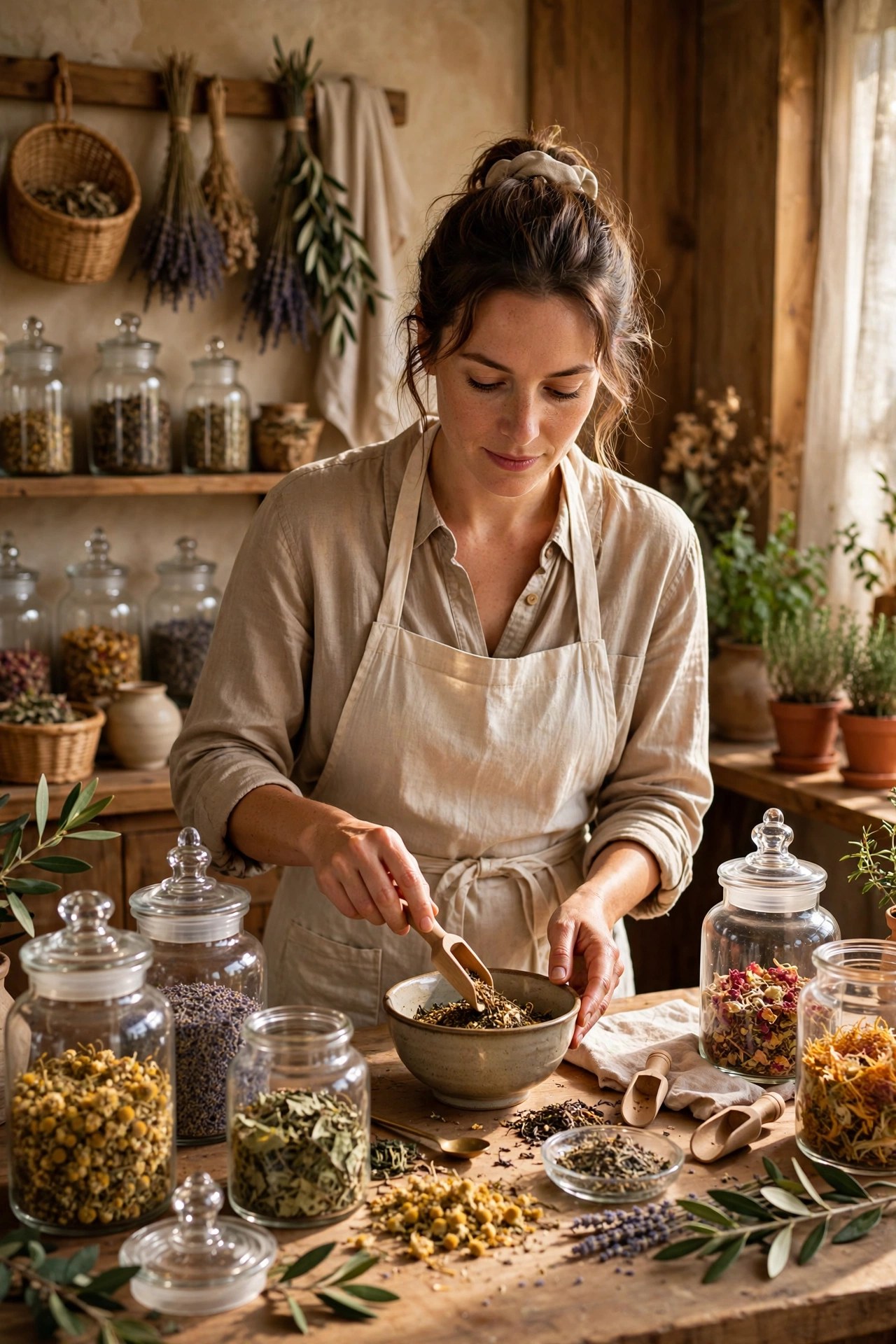 Woman blending loose leaf teas at a tea workshop, sensory foodie experience gift