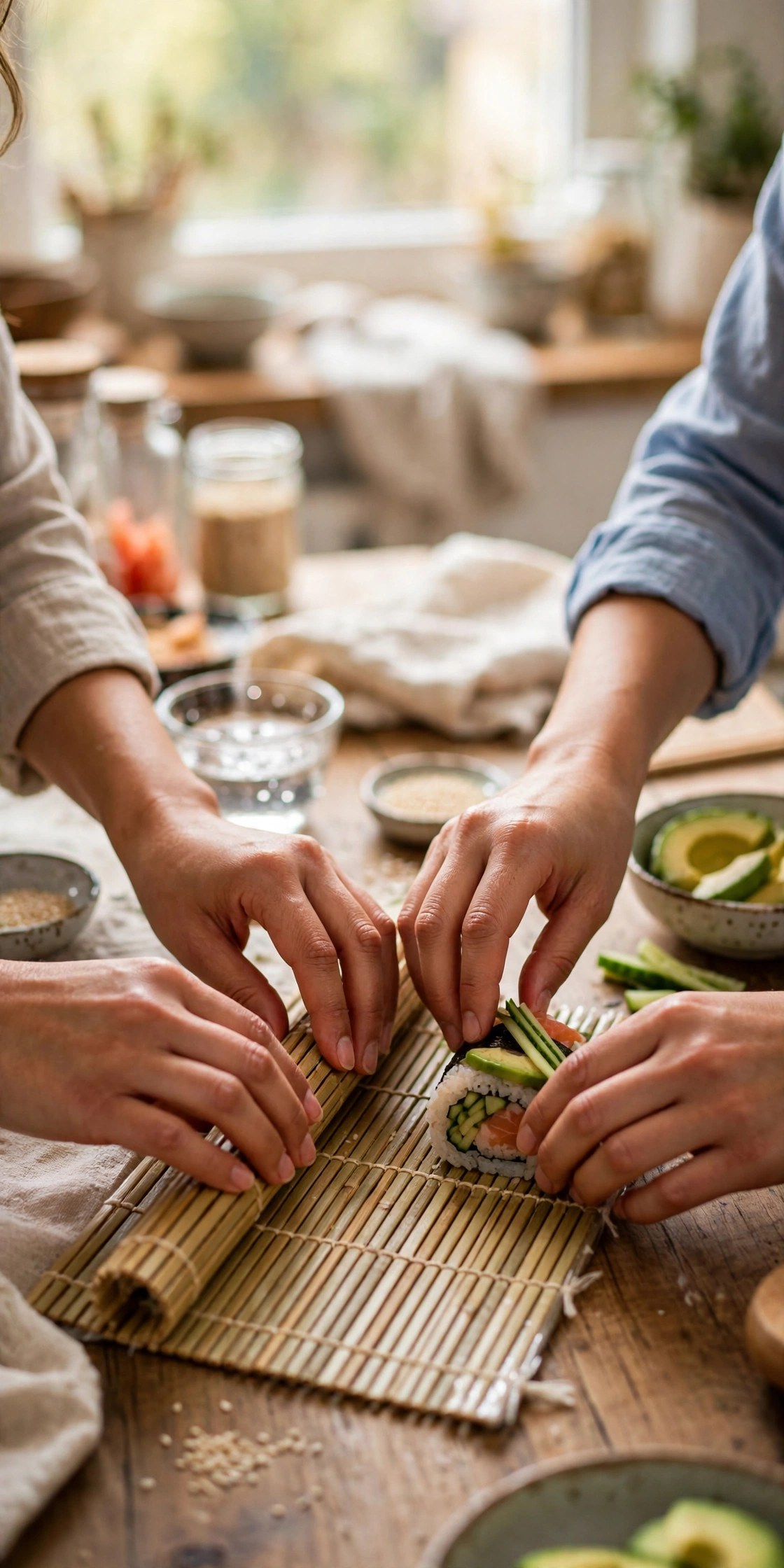 Hands learning to roll sushi in a cooking class, culinary experience gift