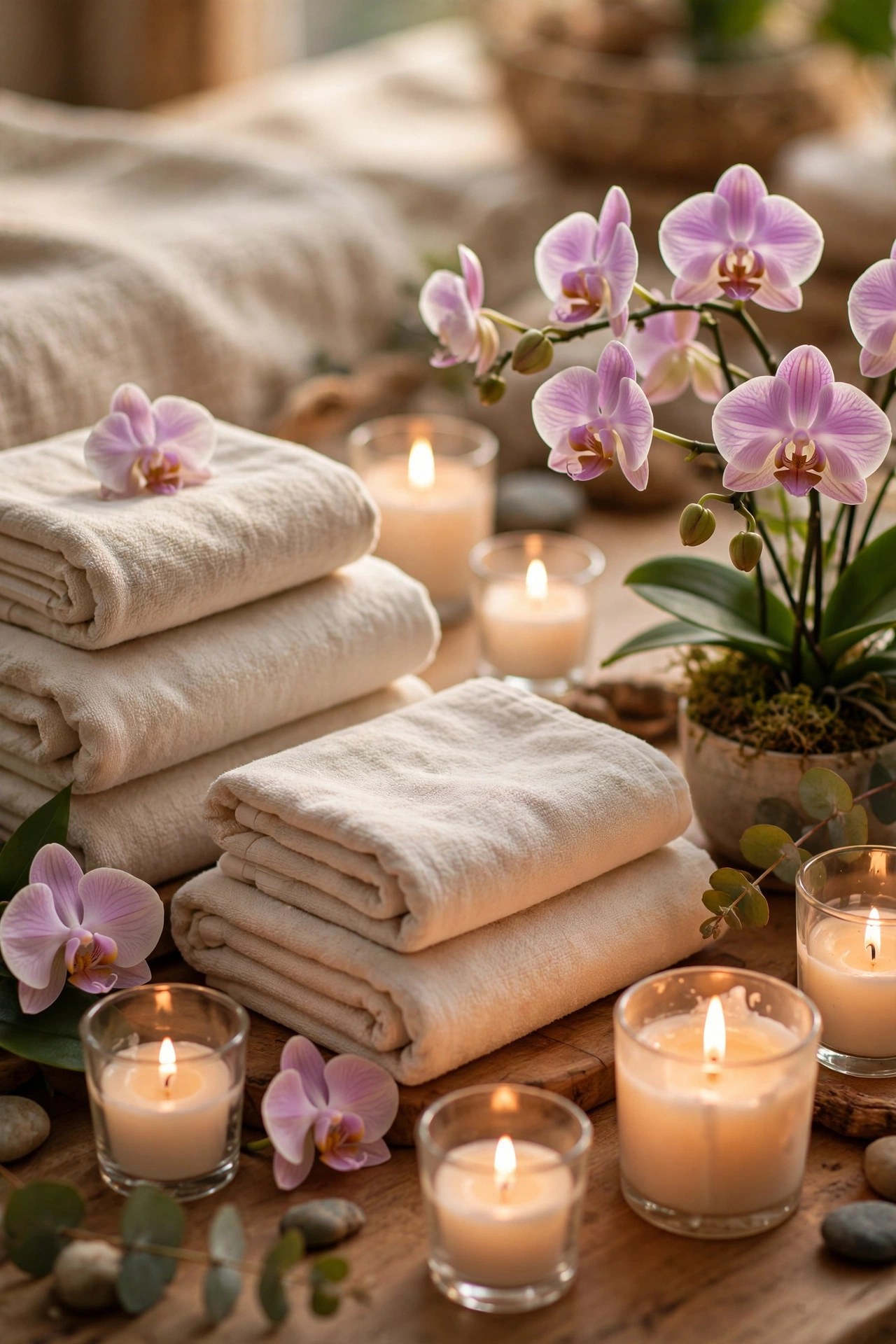Serene spa with candles and folded towels, relaxing spa day gift for her