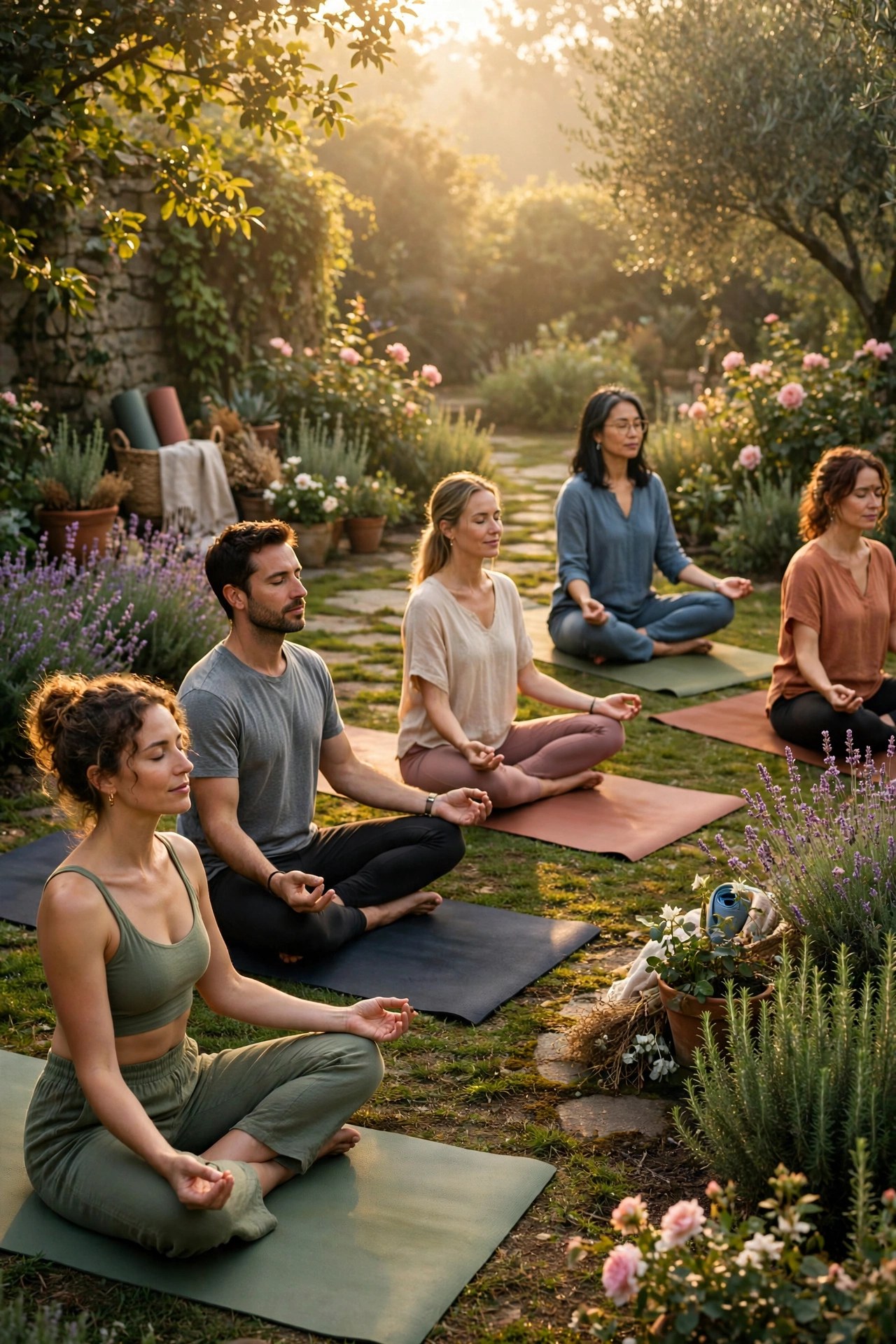 Outdoor yoga class at sunrise in a garden, wellness retreat gift for women over 60
