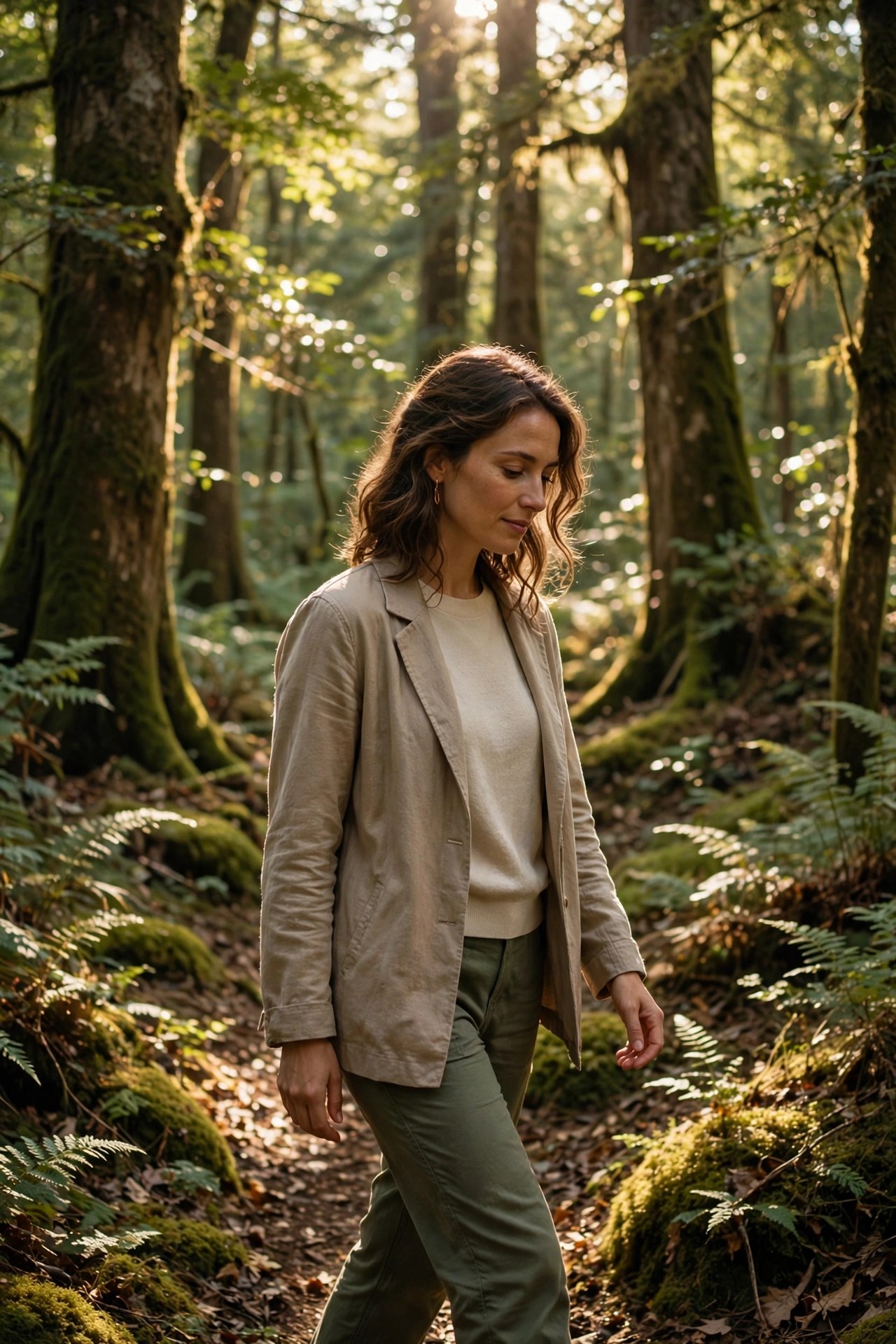 Woman walking mindfully through a sunlit forest, nature wellness experience gift