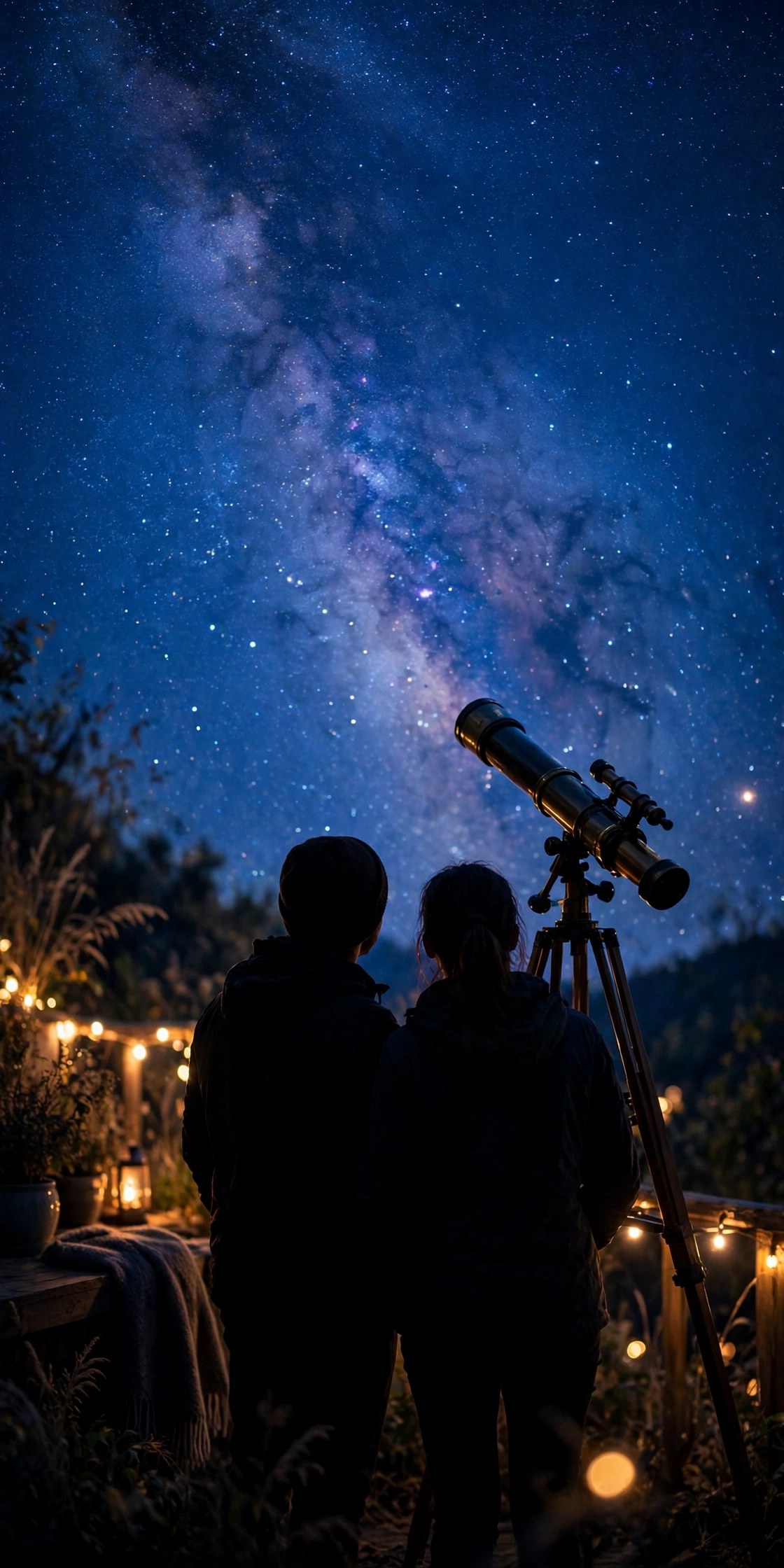 Telescope pointed at starry night sky with silhouettes, magical stargazing gift