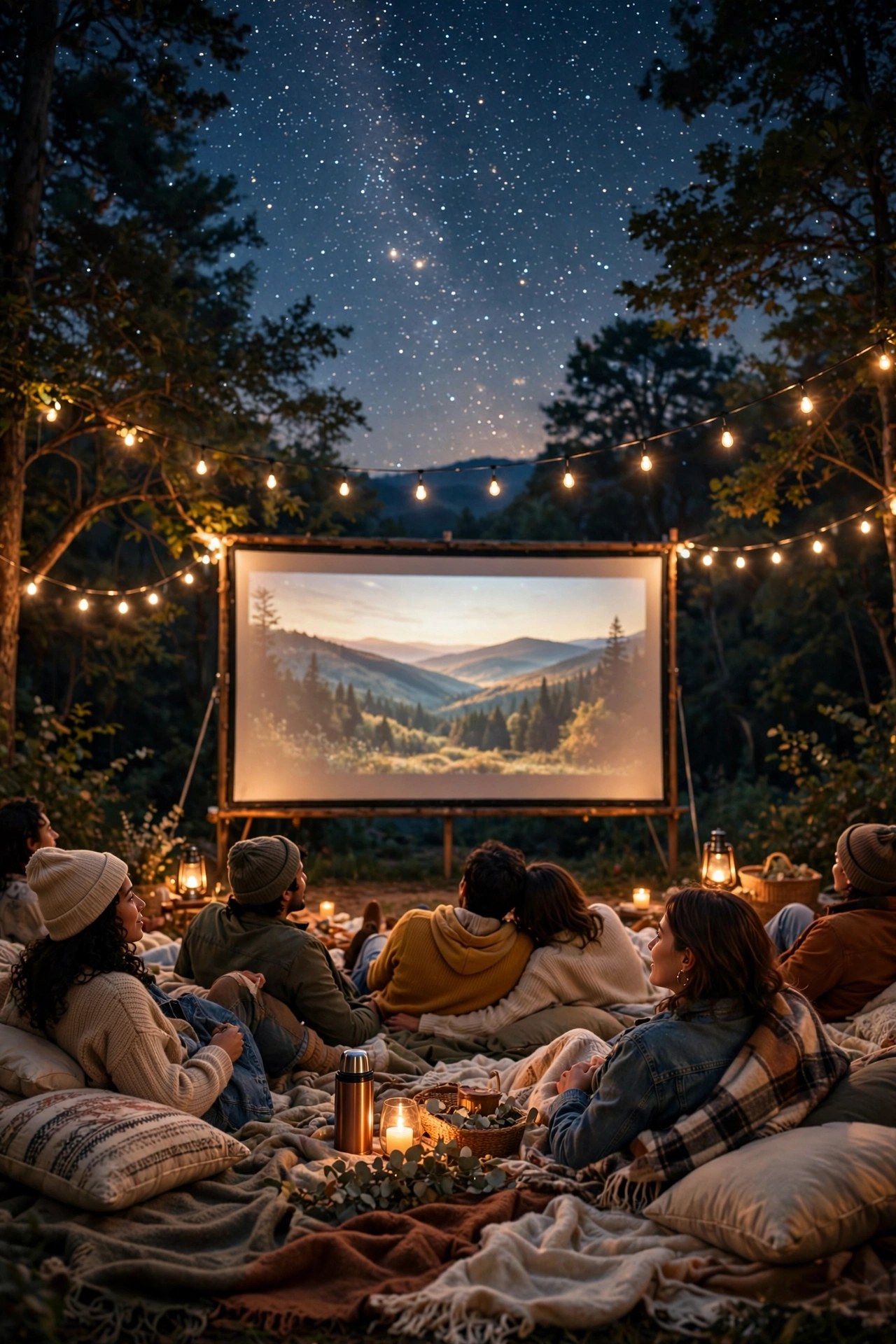 Outdoor cinema with blankets under a starry sky, magical night out gift