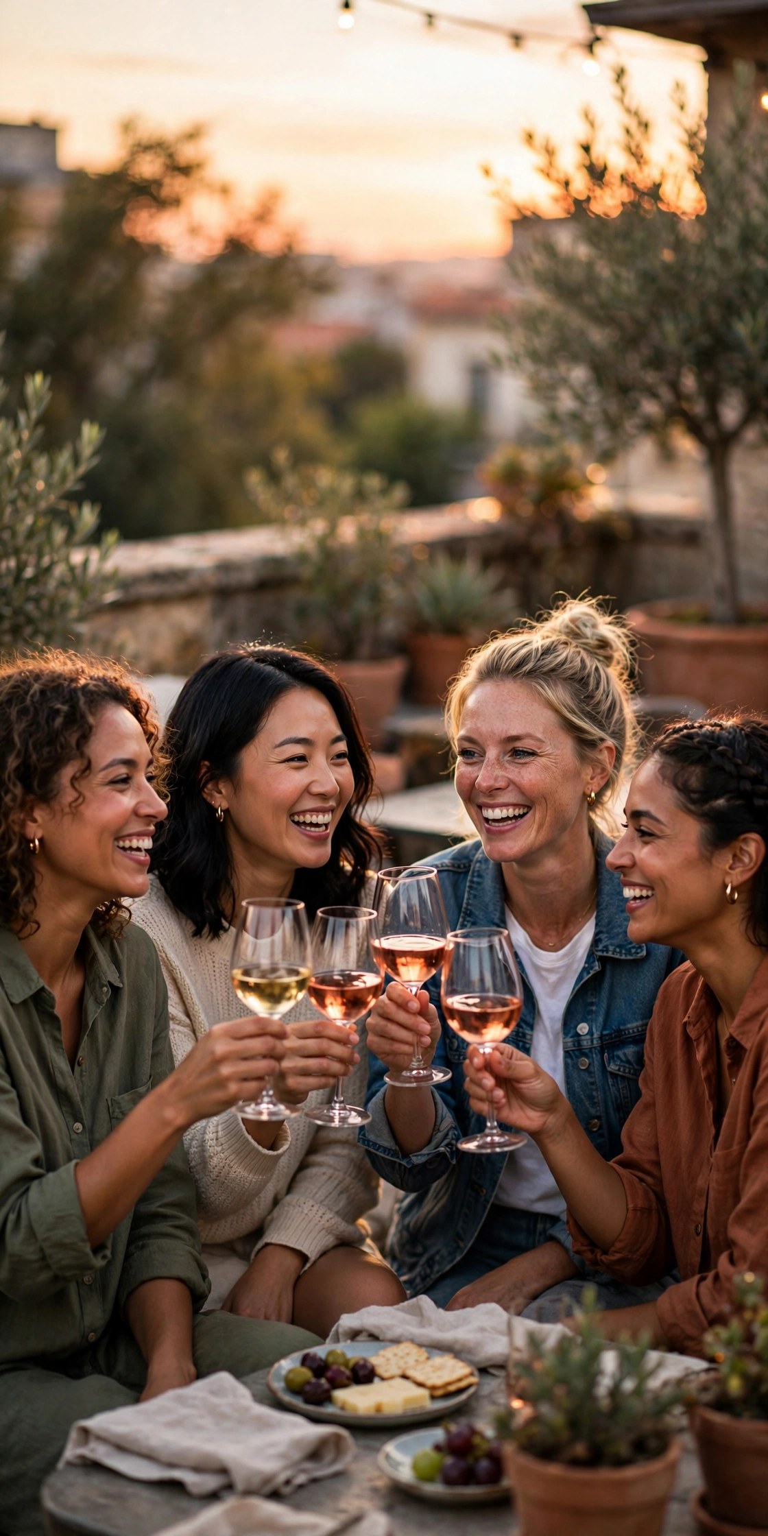 Group of women friends enjoying a weekend getaway with wine at sunset, friendship trip gift