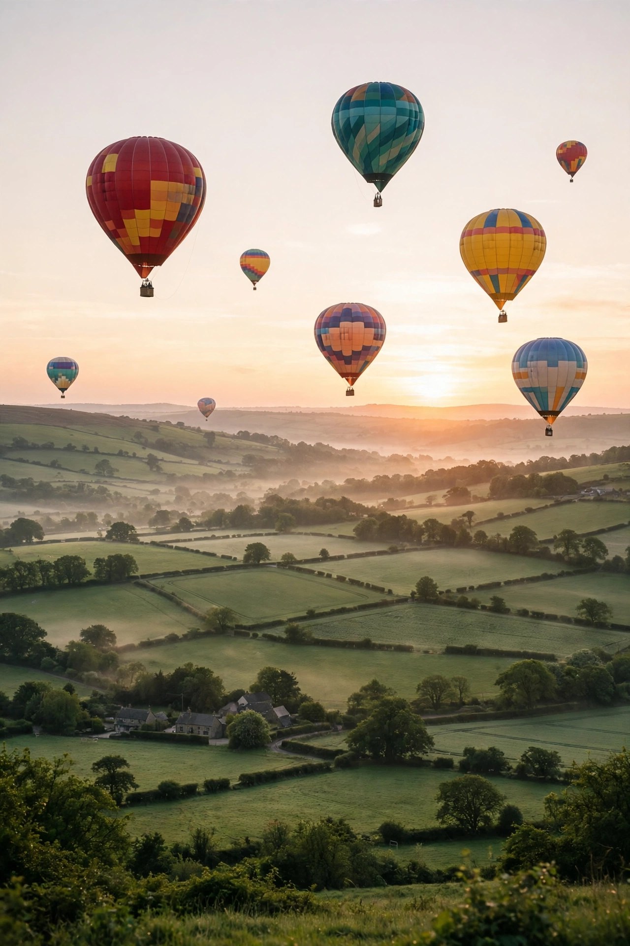 Hot air balloons floating over countryside at sunrise, bucket list experience gift