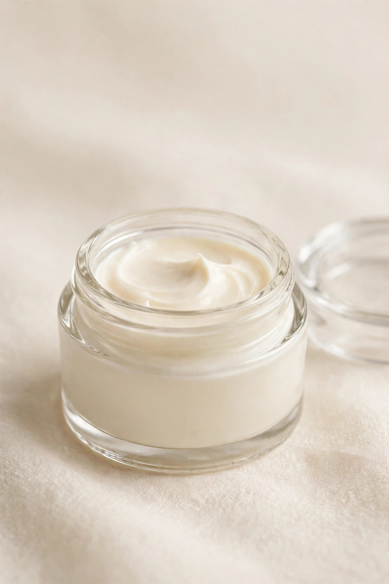 Open glass jar of smooth peptide eye cream