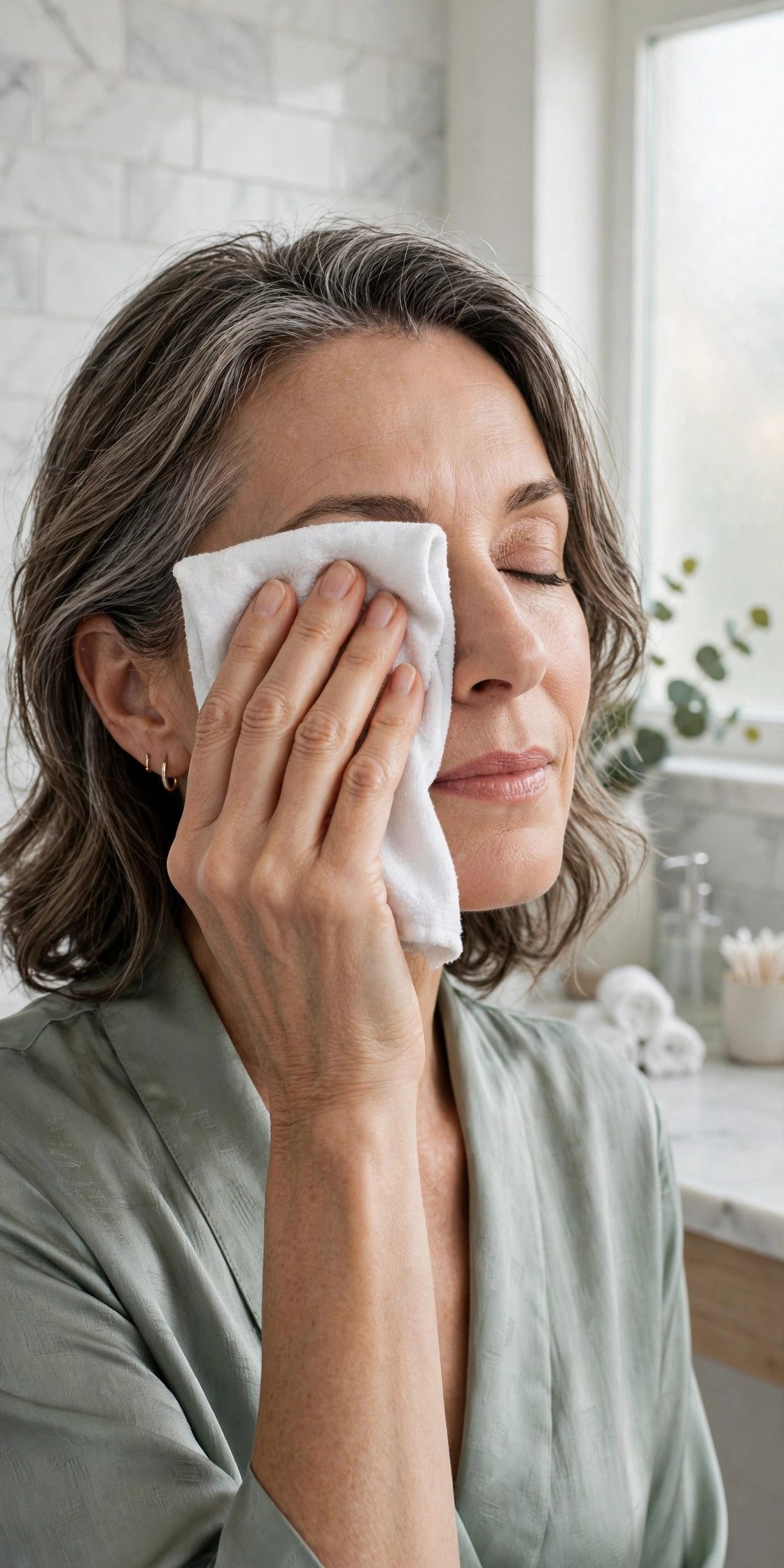 A woman in her 50s holding a cool compress over her closed eyes