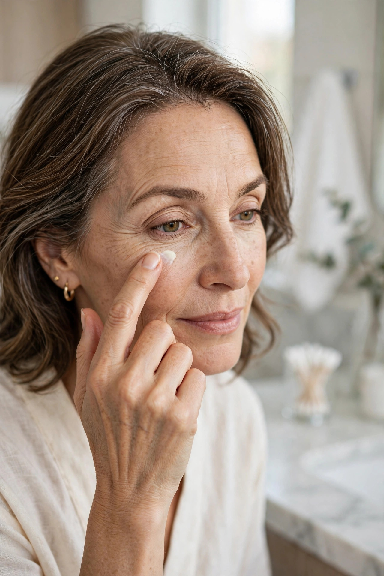 Close-up of a woman gently tapping eye cream under her eye