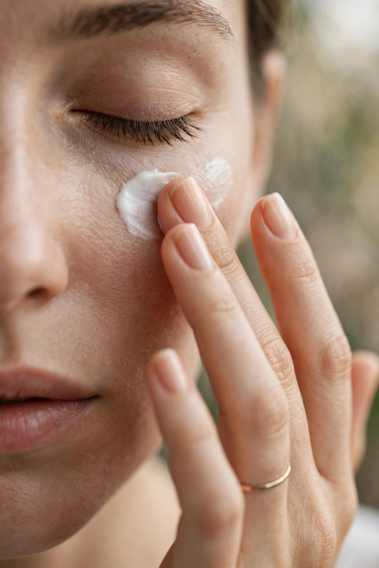 Close-up of a woman's ring finger gently pressing cream under the eye