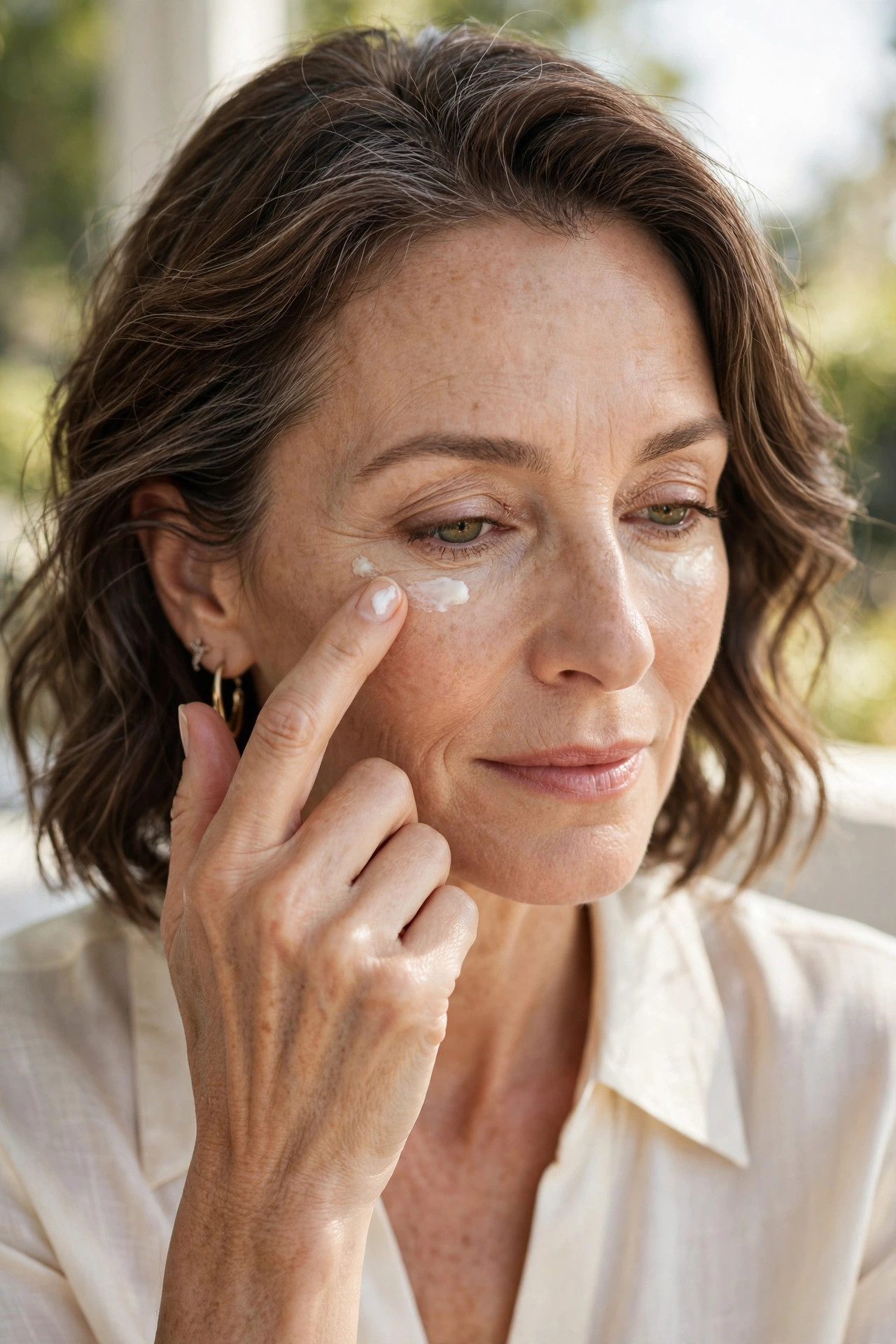 A woman in her 50s applying eye cream along the orbital bone