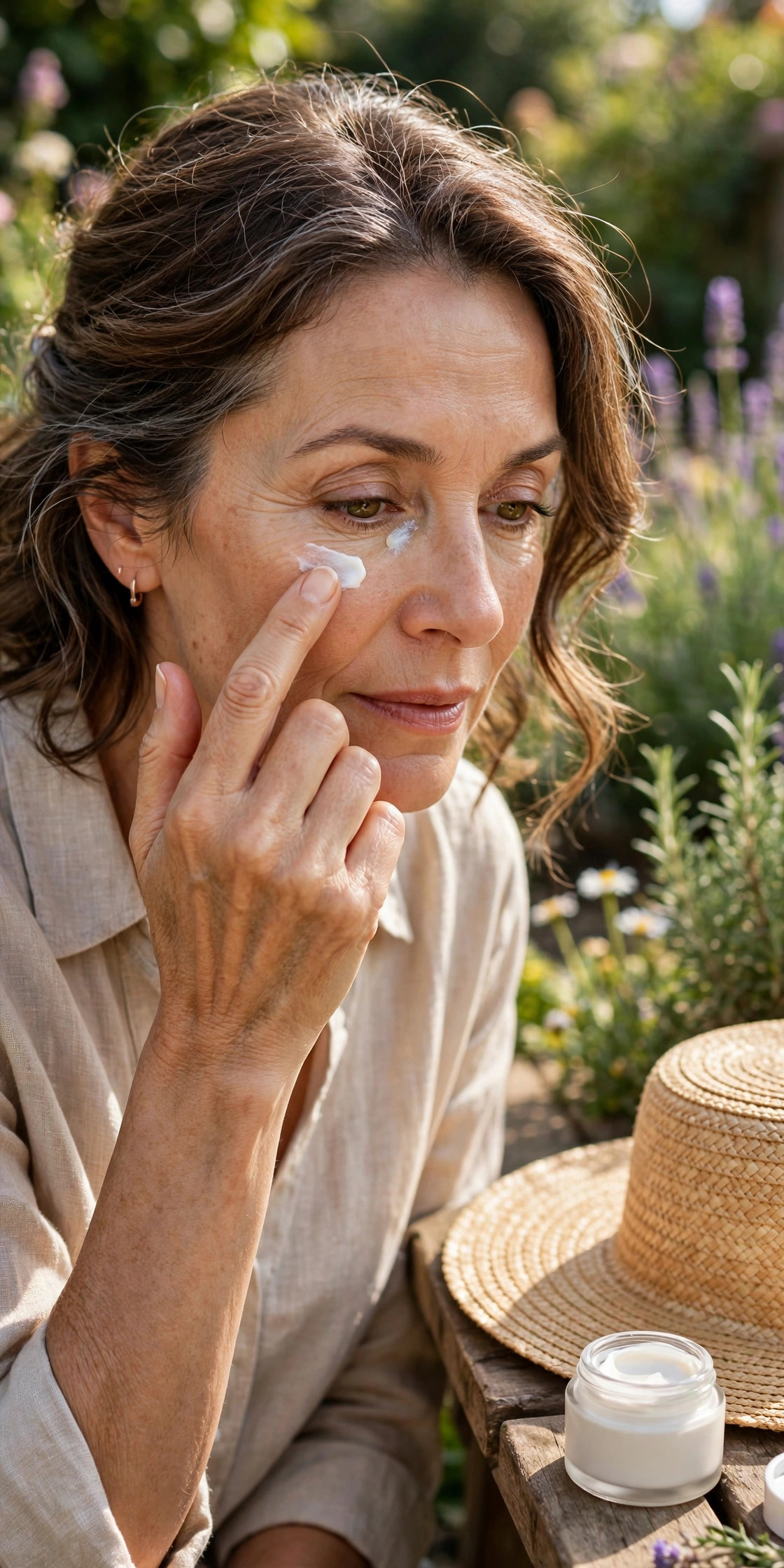 A woman in her 50s applying mineral sunscreen around her eyes outdoors
