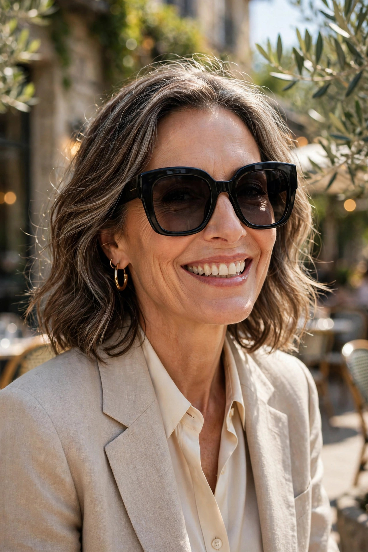 Elegant woman in her 50s wearing stylish oversized sunglasses