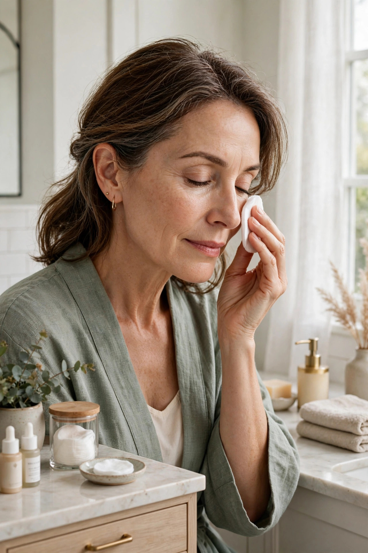 A woman in her 50s gently cleansing around her eyes with a cotton pad