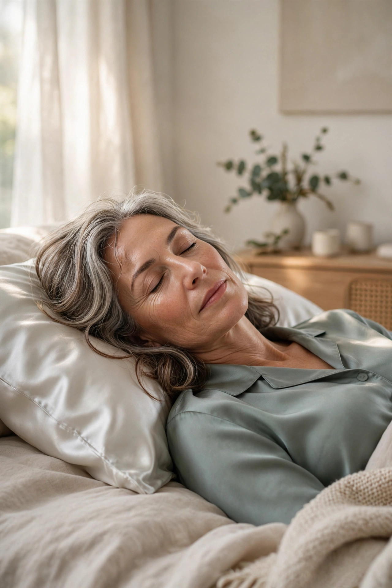 A woman in her 50s sleeping peacefully in a calm bedroom