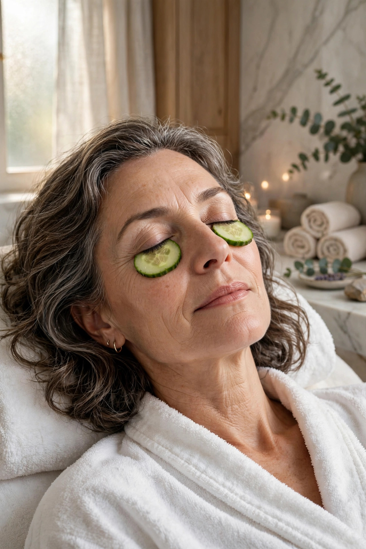 A woman in her 50s relaxing with cucumber slices over her eyes