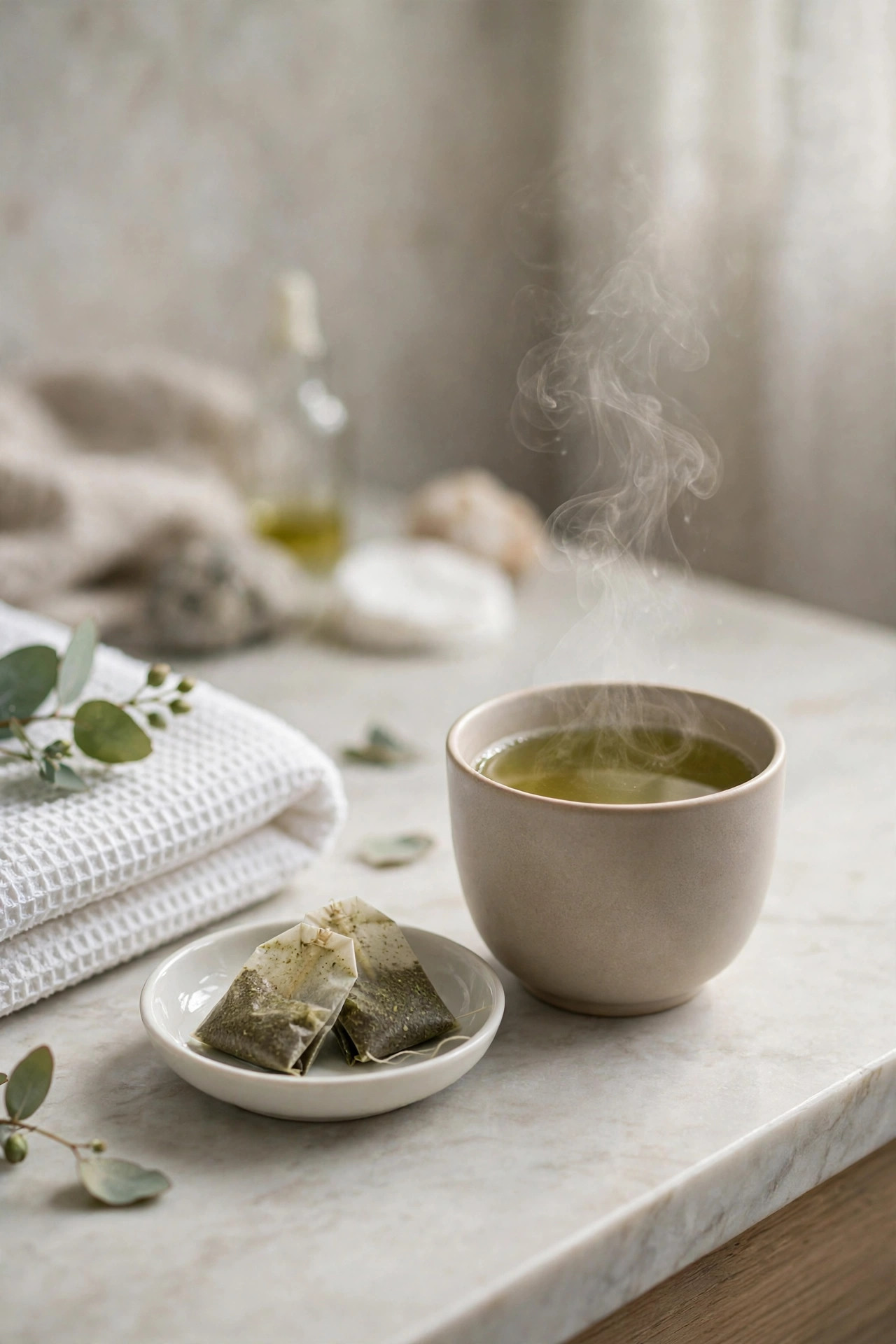Used green tea bags in a dish beside a cup of tea