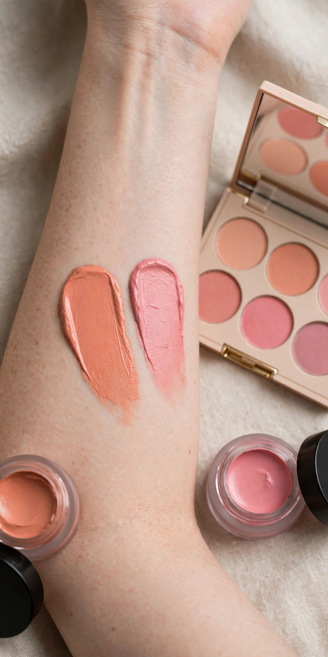 Swatches of peach and pink under-eye color corrector on skin