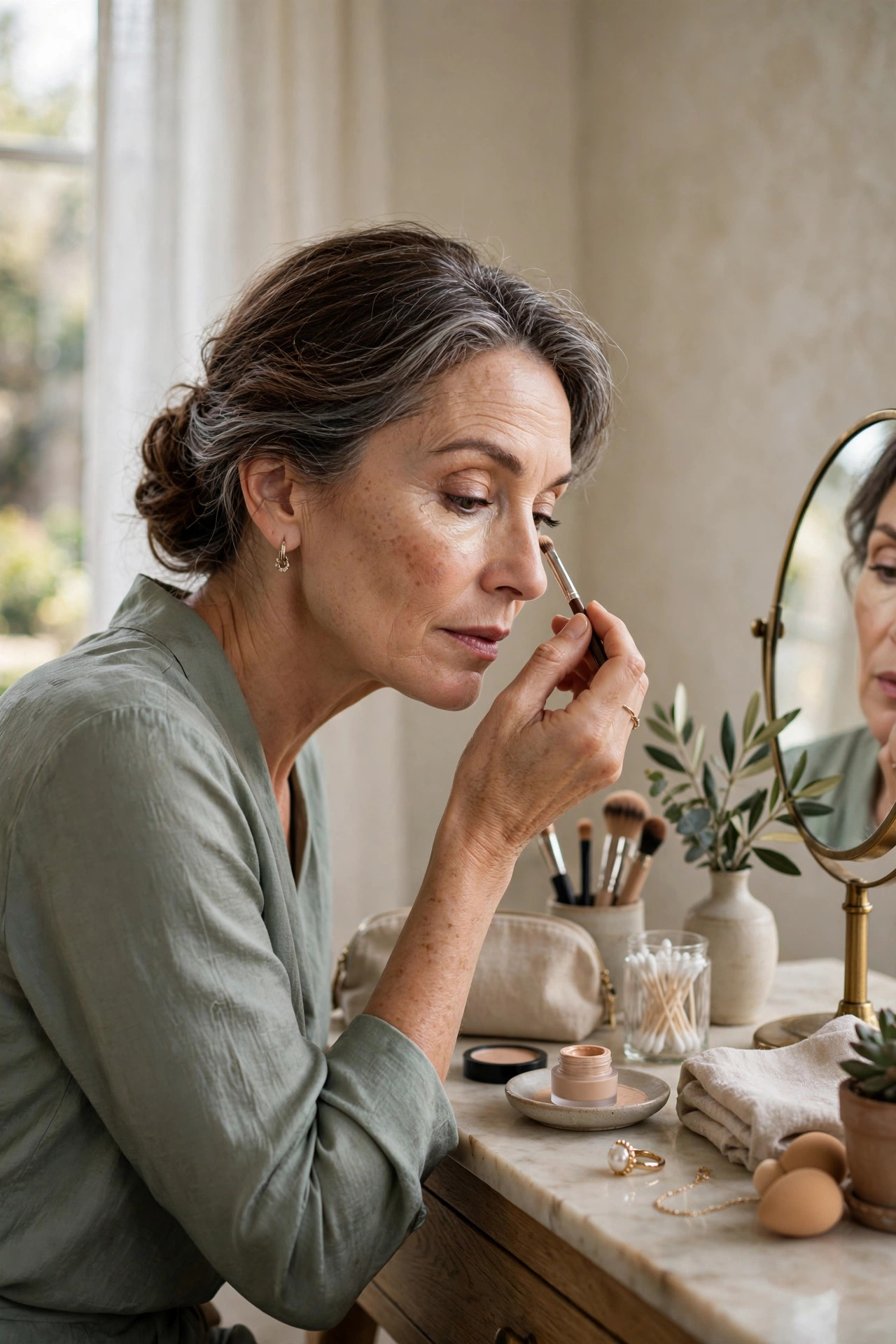 A woman in her 50s applying concealer under her eye with a brush