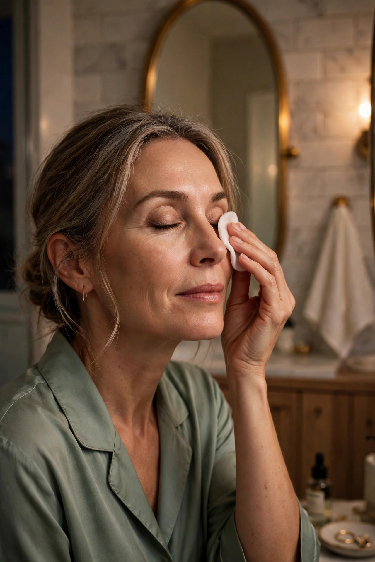 A woman in her 50s gently removing eye makeup with a cotton pad