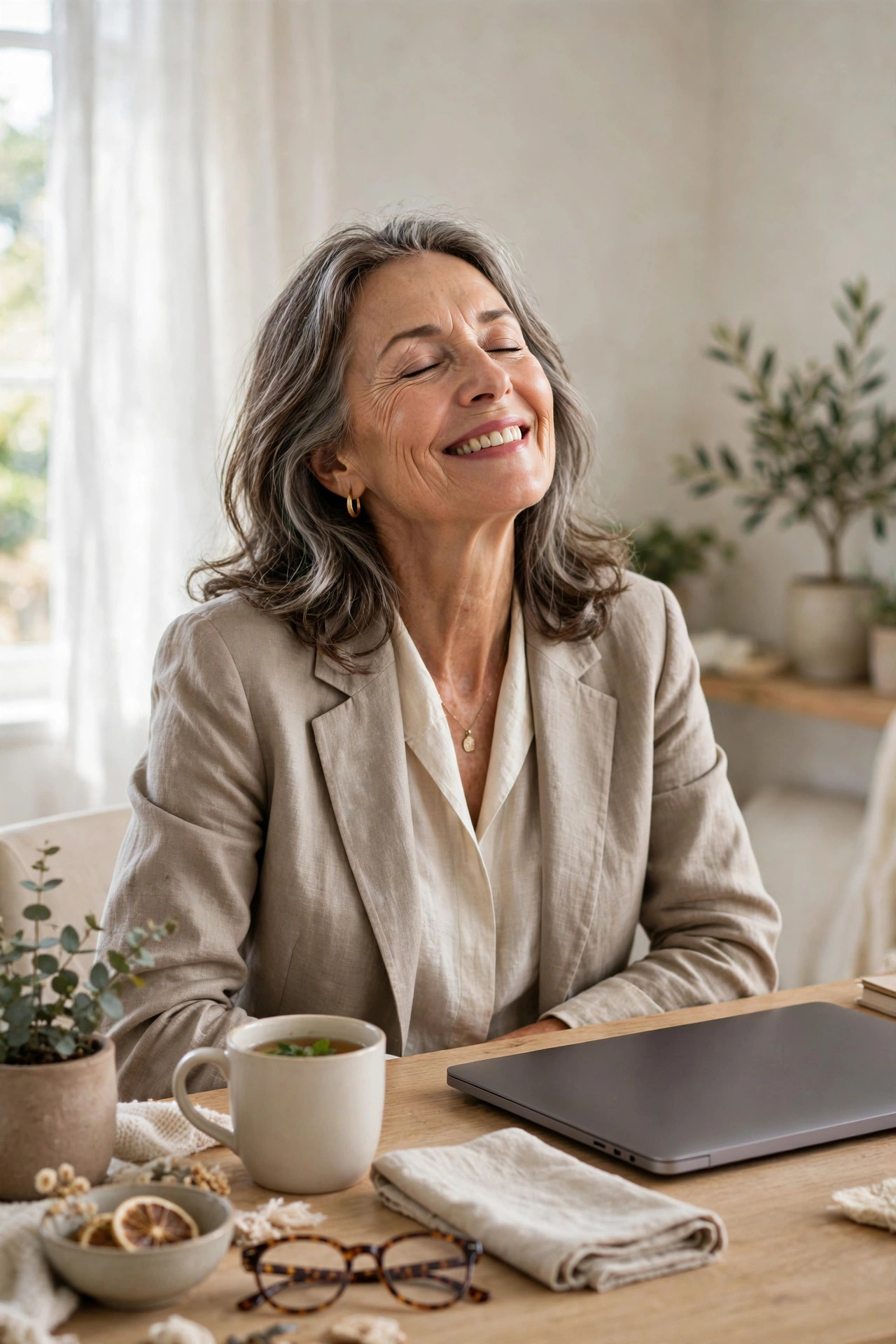 A woman in her 50s taking a screen break with eyes closed at her desk