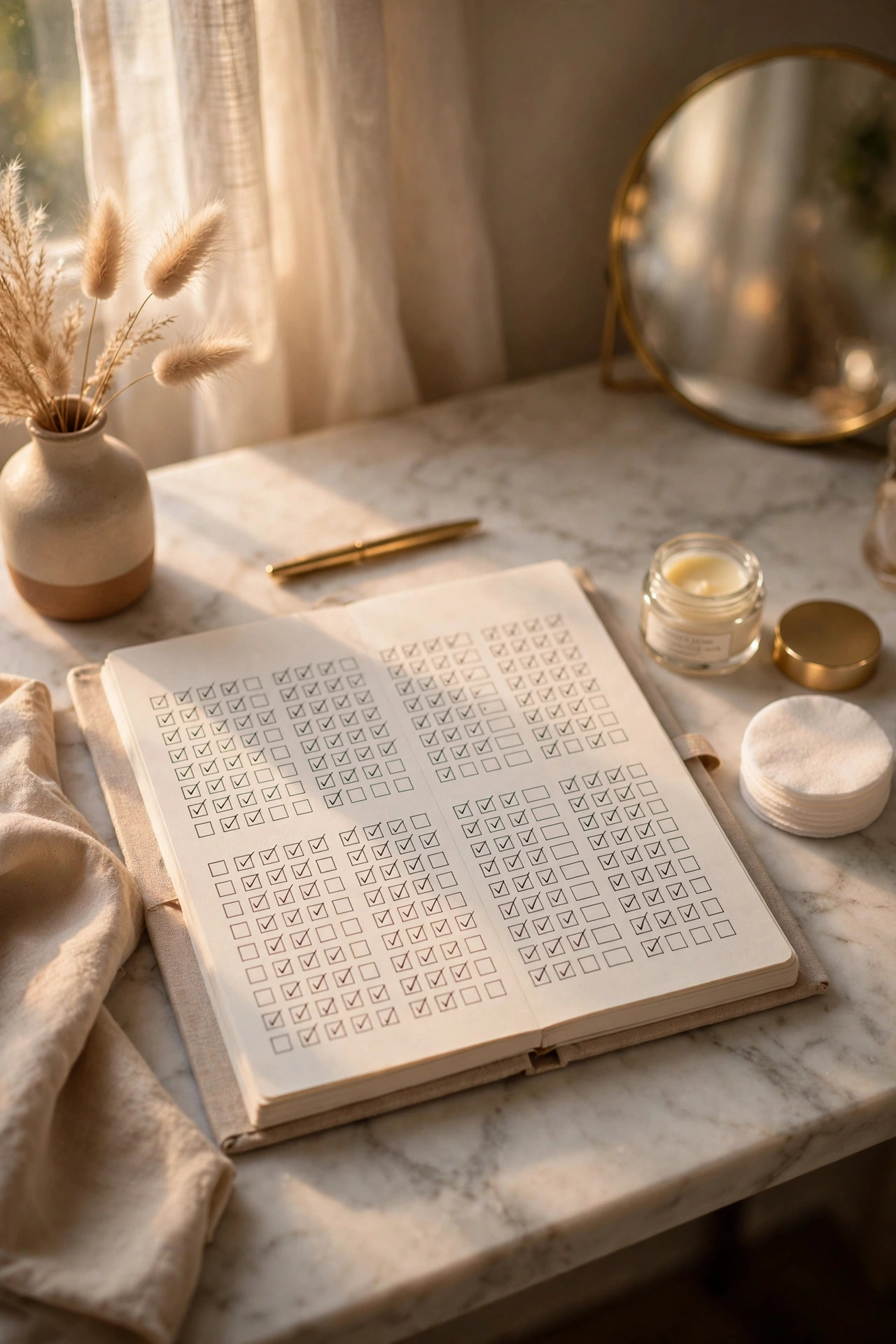 Weekly planner on a vanity with eye-care routine checkmarks
