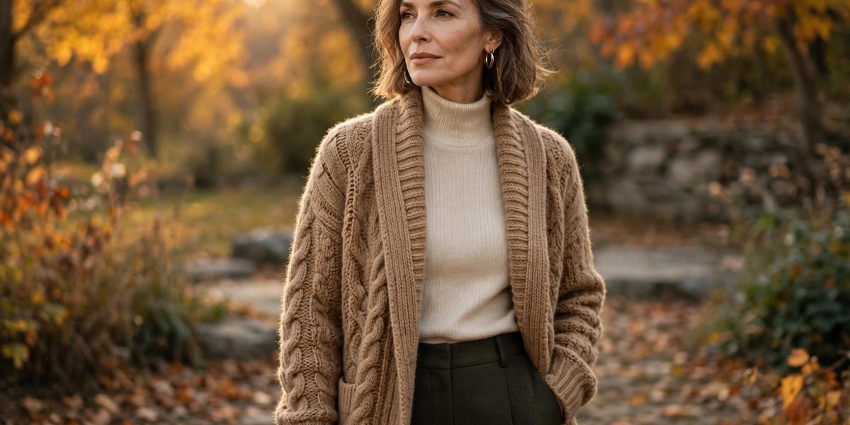 Woman over 50 wearing a cozy fall cardigan outfit, camel cardigan styled for autumn fashion