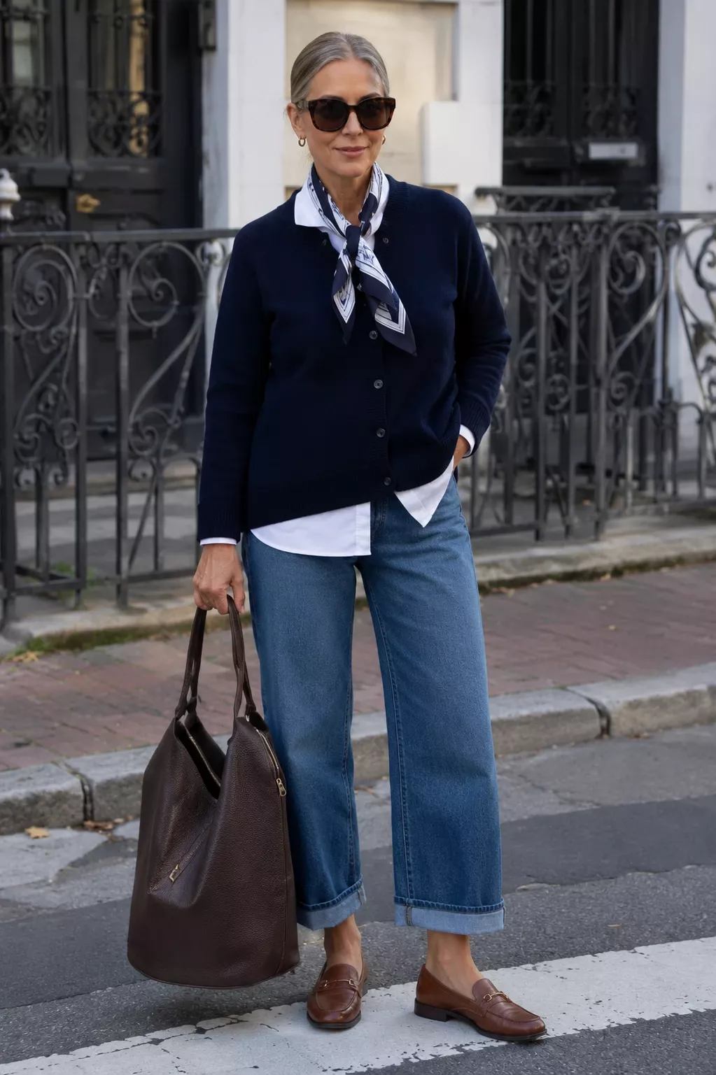 Woman over 50 wearing a cropped cardigan with high-rise wide jeans and loafers