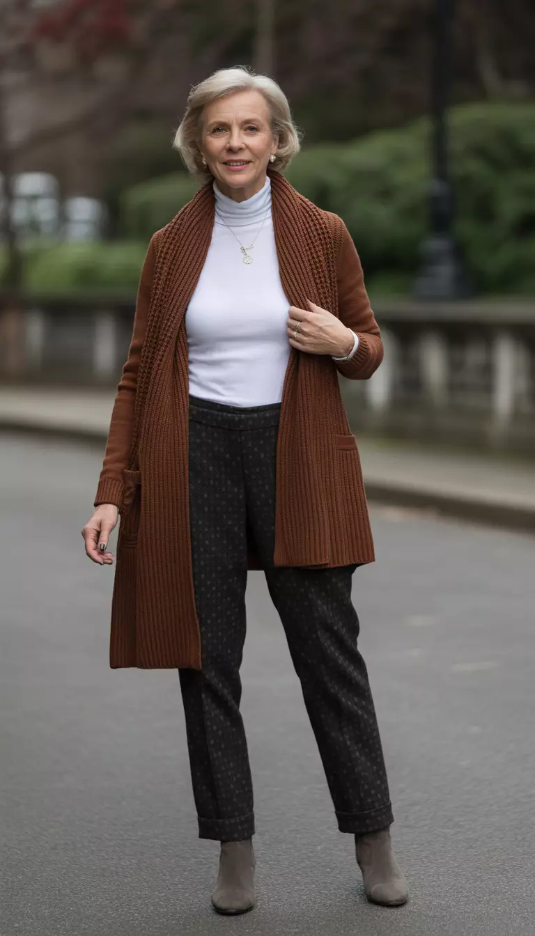 Woman over 50 in a belted long rust cardigan over a fitted turtleneck