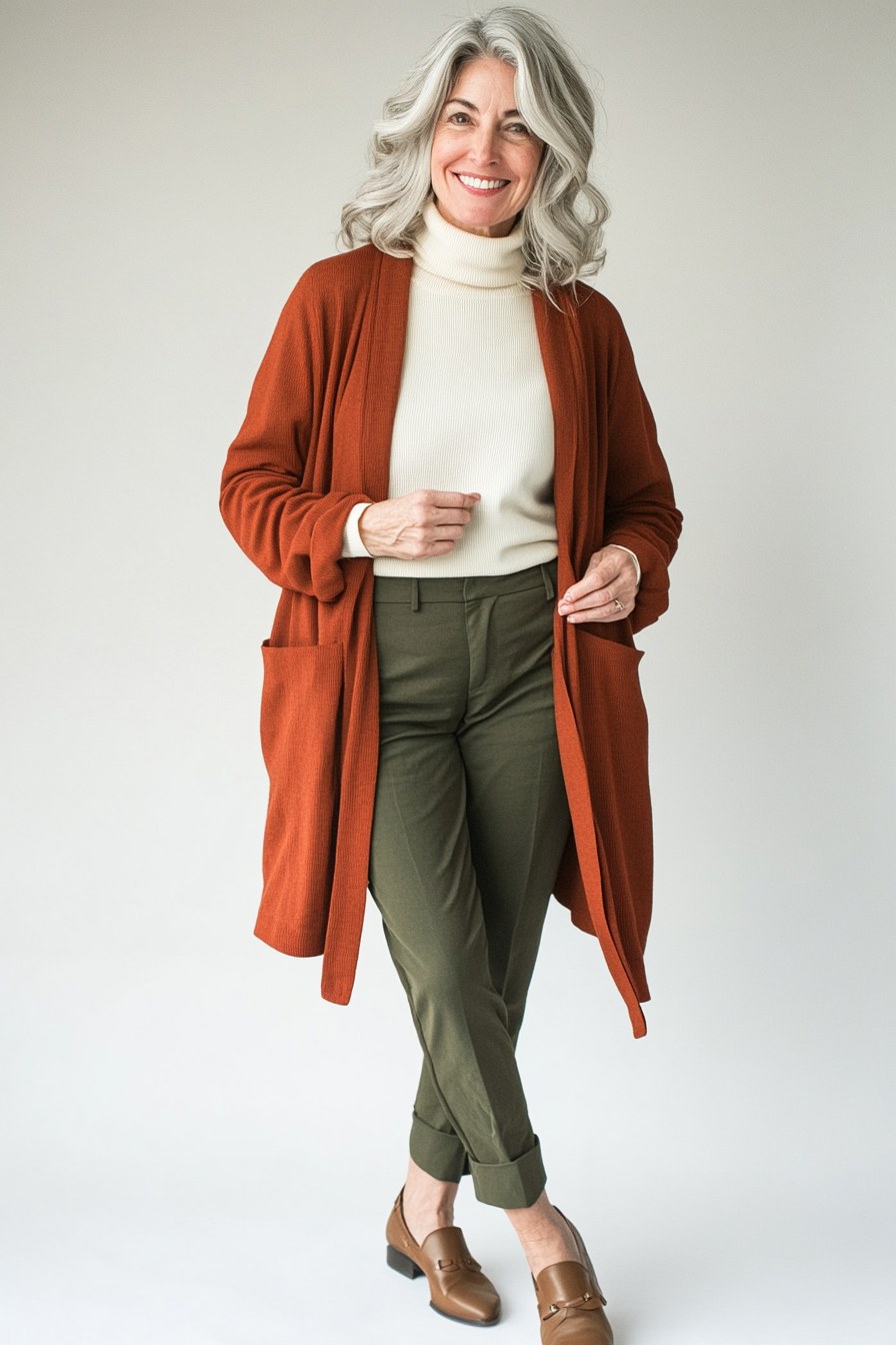 Petite woman over 50 in a camel monochrome outfit with cropped cardigan